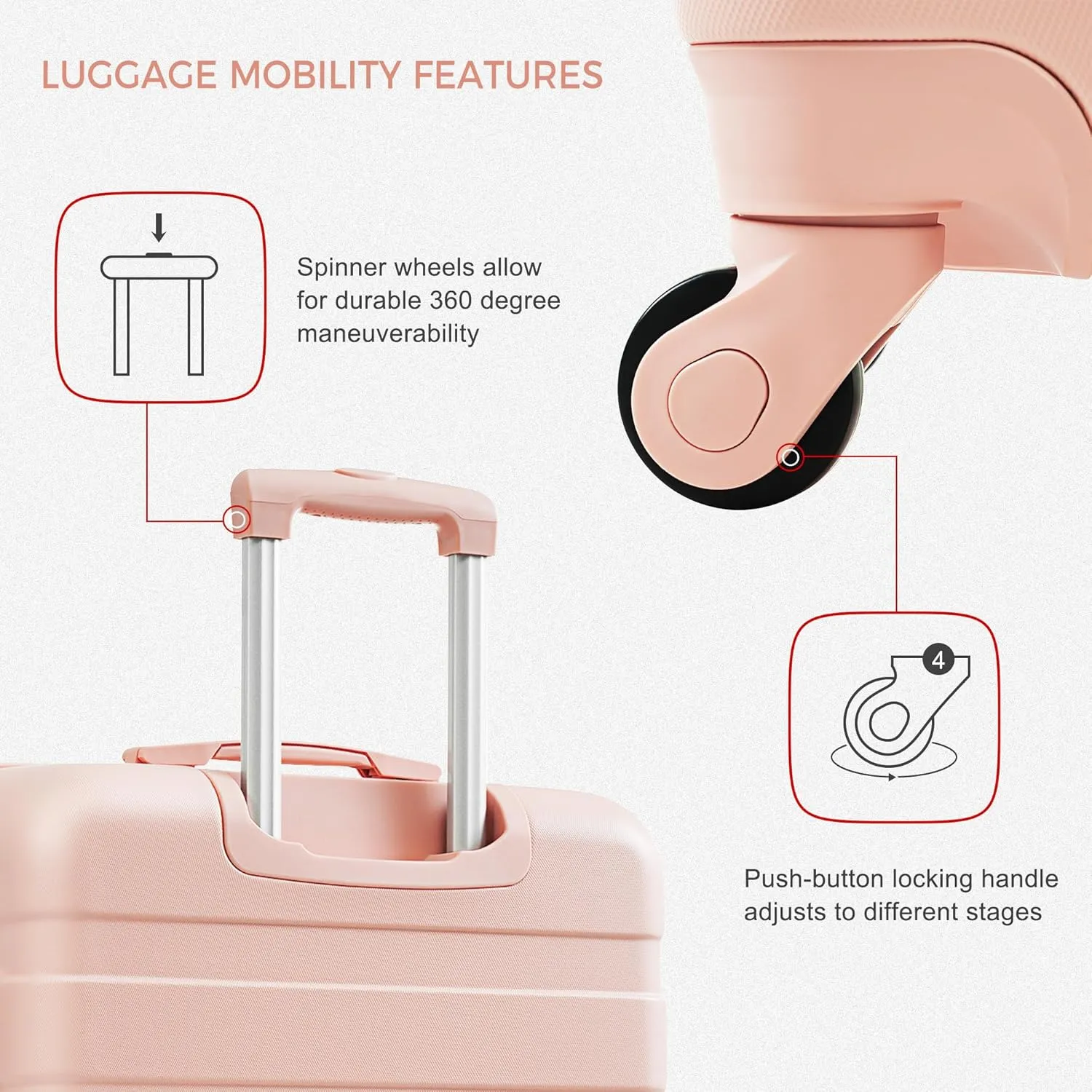 4-Piece Luggage Set with Spinner Wheels & TSA Lock - 20" 24" 28" ABS Hard Shell Suitcases   Travel Bag, Lightweight Durable Checked & Carry On Luggage Suitcase Set for Men Women (Pink)