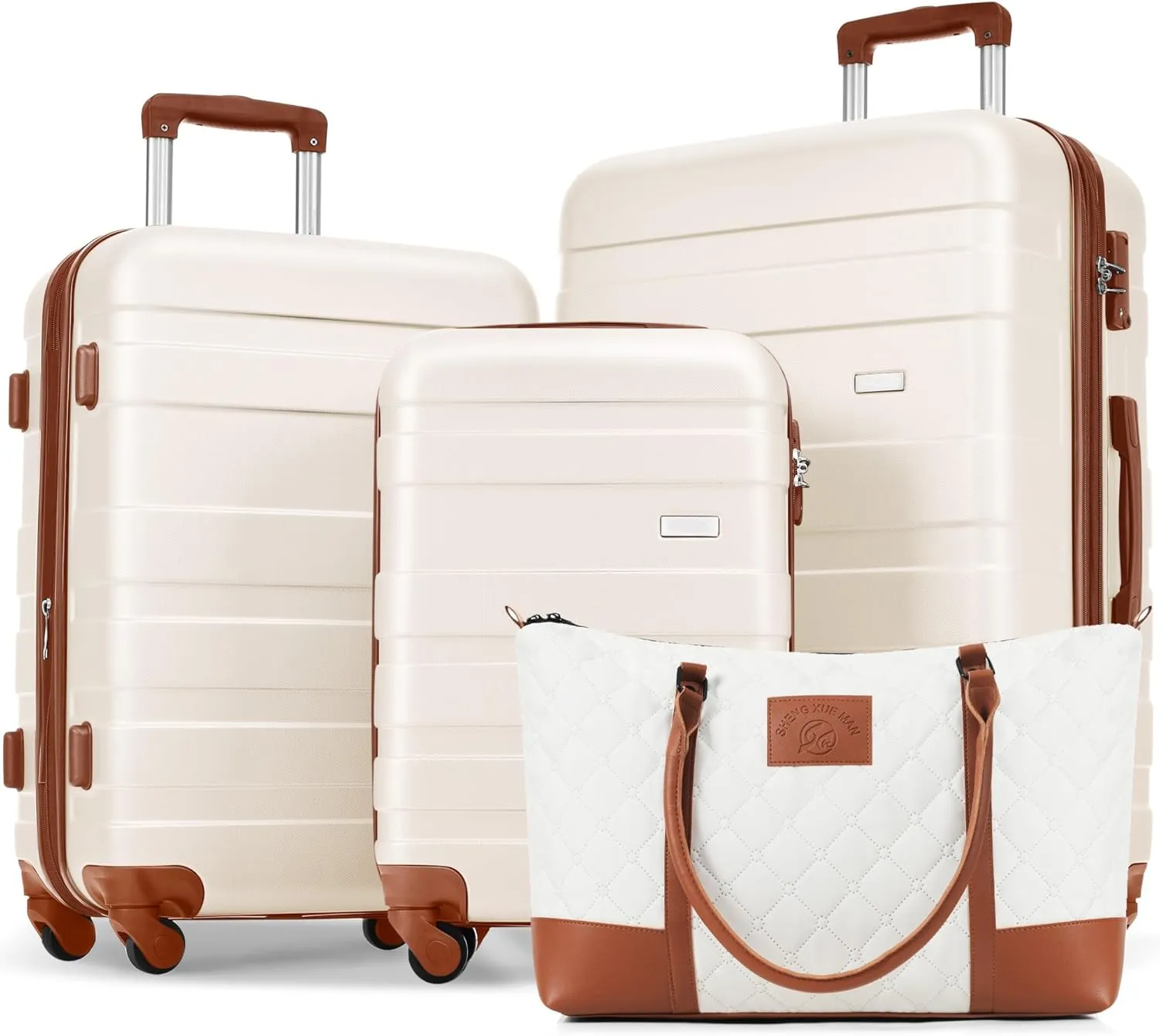 4-Piece Luggage Set with Travel Bag, 28/24/20 inch ABS Suitcases, 360° Spinner Wheels, TSA Lock，Carry on Luggage (ivory &brown)