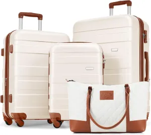 4-Piece Luggage Set with Travel Bag, 28/24/20 inch ABS Suitcases, 360° Spinner Wheels, TSA Lock，Carry on Luggage (ivory &brown)