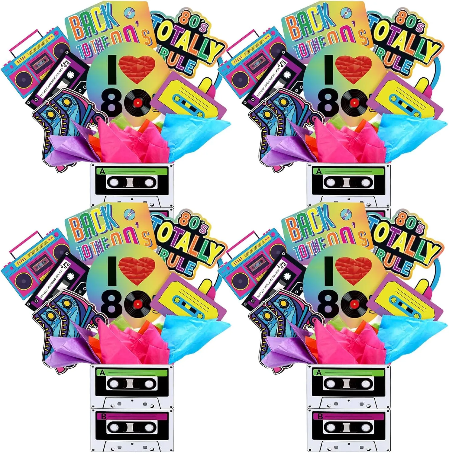 4 Set 80's Party Decorations Retro 1980's Centerpiece Include 4 Cassette Tape Bucket Centerpiece 32 Sticks Table Toppers Photo Booth Props with Paper Decor for Retro Hip Pop Music Party