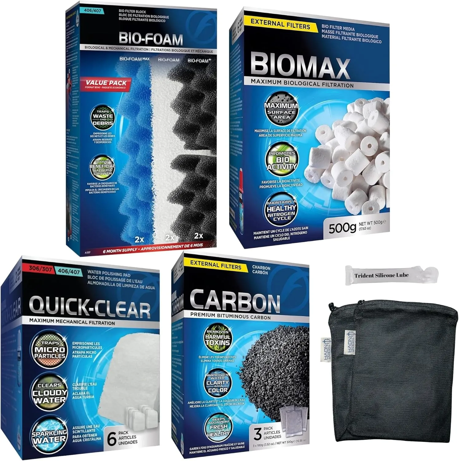 406/407 Filiter Media Canister Filter Maintenance & Replacement Filter Media Kit, including Trident Nova media bags (Quick Clear/Water Polishing Pads, BioFoam Value, Carbon, Biomax Media)