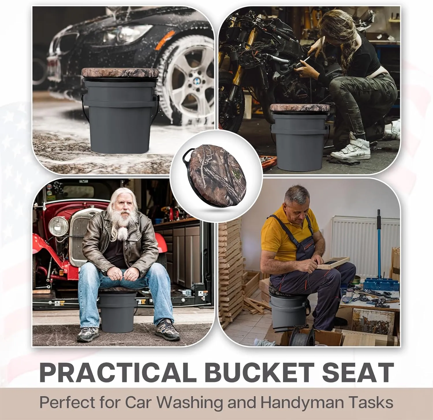 5 Gallon Bucket Seat for Yeti Bucket Only, Swivel Bucket Lid with Padded Top for Cozy Sitting, Bucket Seat Cushion for Outdoor Fishing,Hunting,Gardening, Baseball Training, Camo Leaves