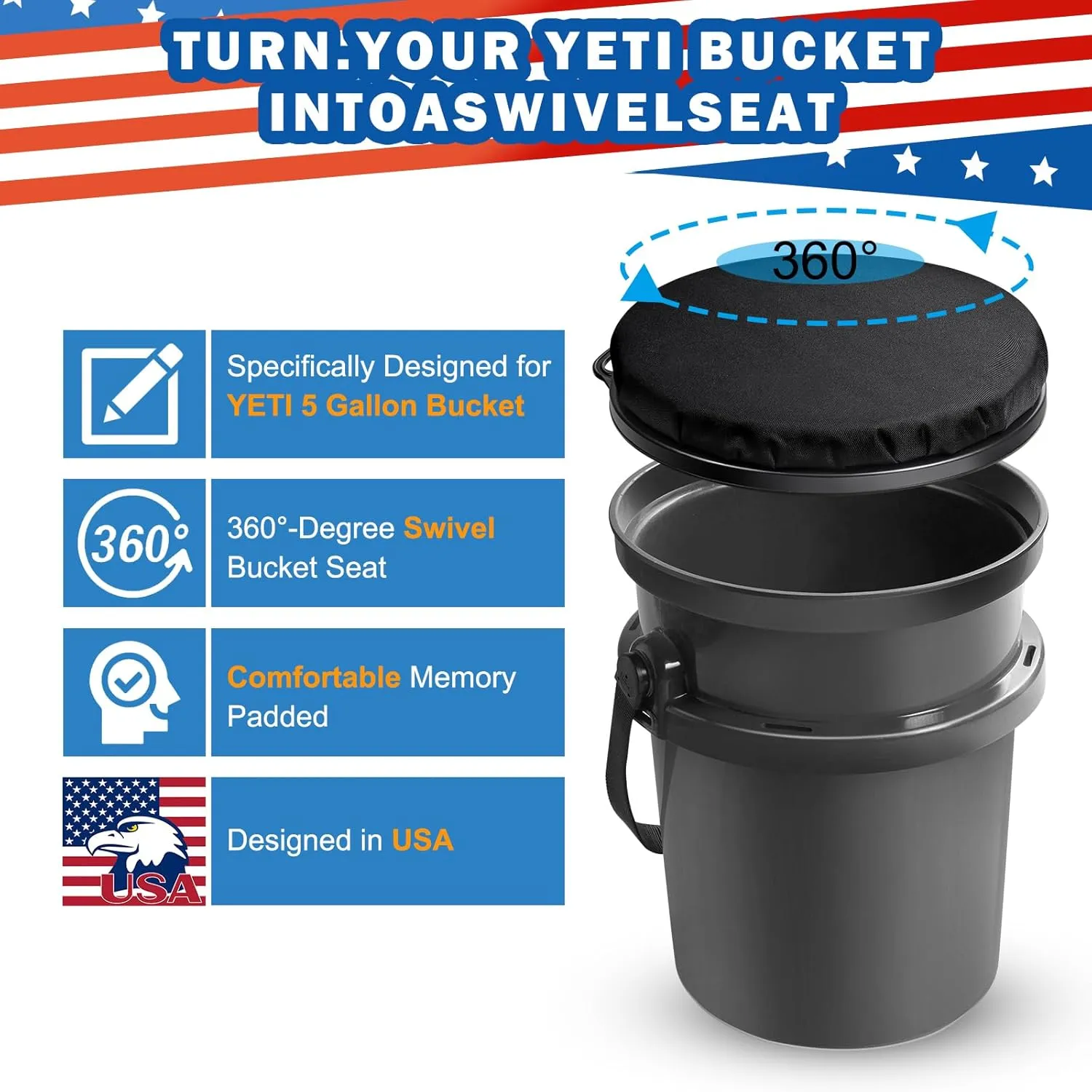 5 Gallon Bucket Seat for Yeti Only, 360 Degree Swivel Load Out Bucket Seat, 5 Gal Foam Cushion Bucket Seat Lid with Padded Top for Hunting Fishing Camping Outdoor