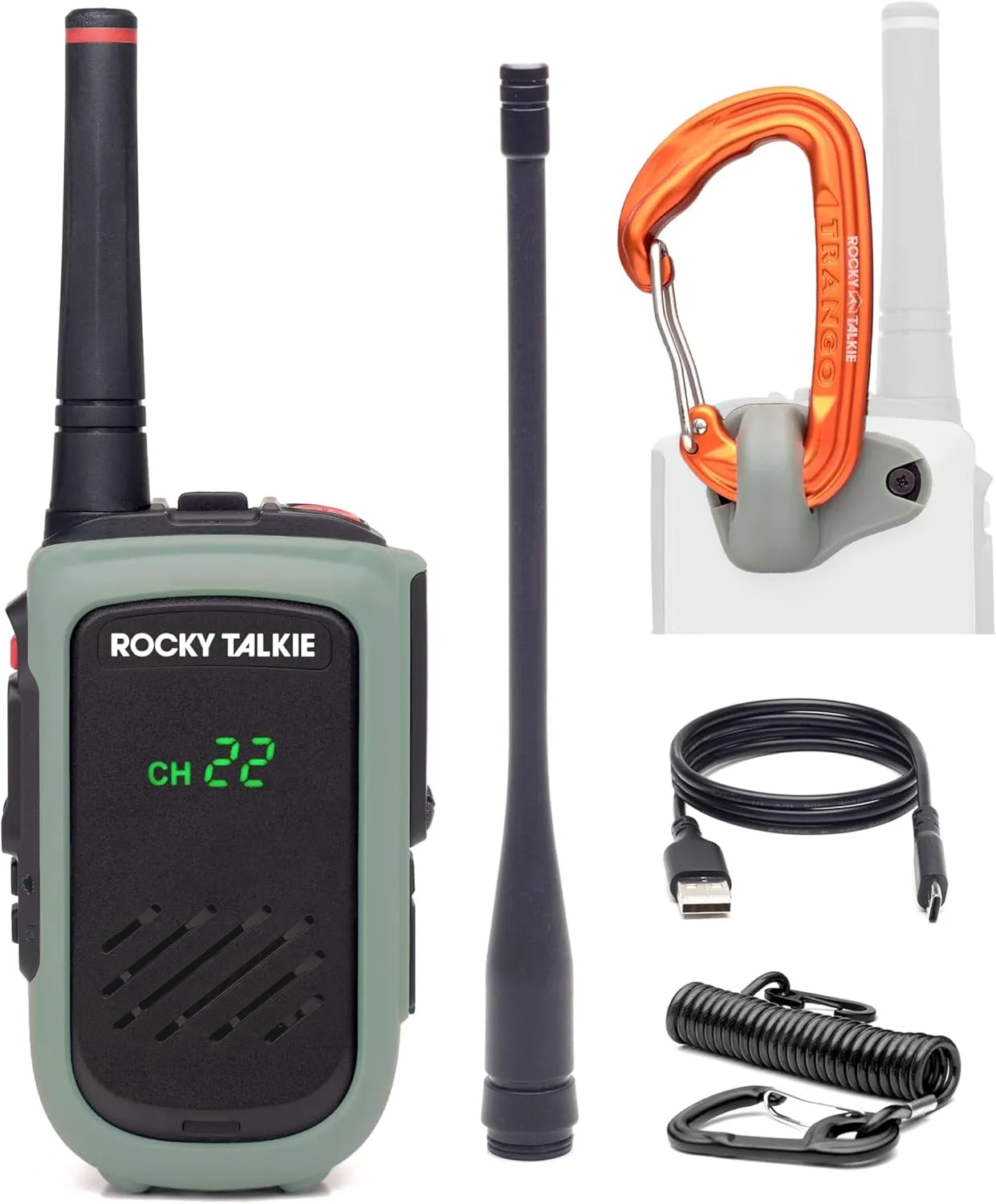5 Watt Radio with Climbing Rated Carabiner Attachment - GMRS Radio with IP67 Waterproofing, Long Range Walkie Talkie, NOAA Weather Alerts, 5 Day Battery Life, 1 Pack