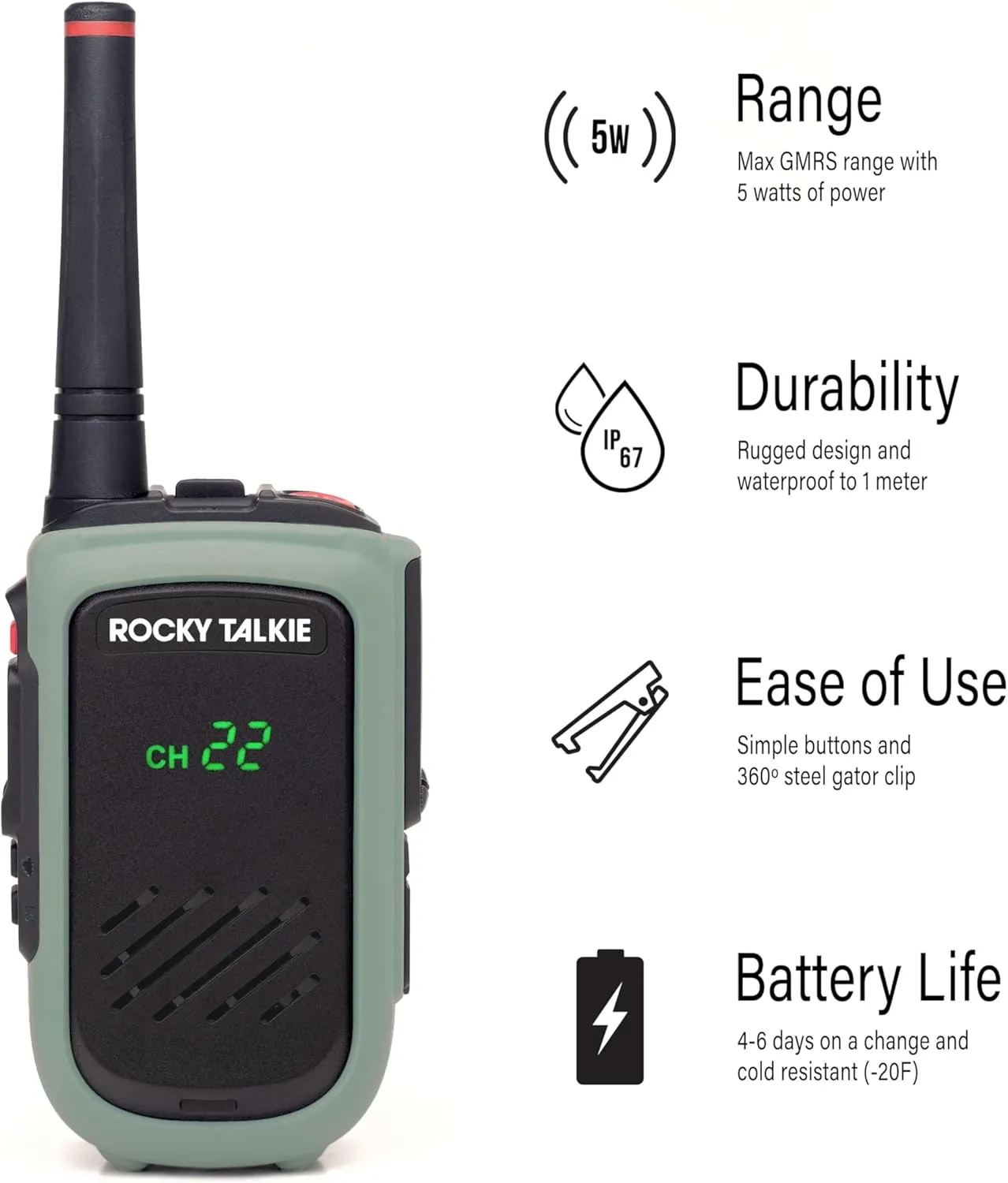 5 Watt Radio with Climbing Rated Carabiner Attachment - GMRS Radio with IP67 Waterproofing, Long Range Walkie Talkie, NOAA Weather Alerts, 5 Day Battery Life, 1 Pack