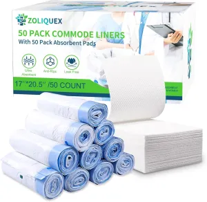 50 Pack Commode Liners with Absorbent Pads, Big Packaging Leak Bedside Commode Liners Bags, Bedside Toilet Liners Disposable Adult for Hospital, Nursing Homes