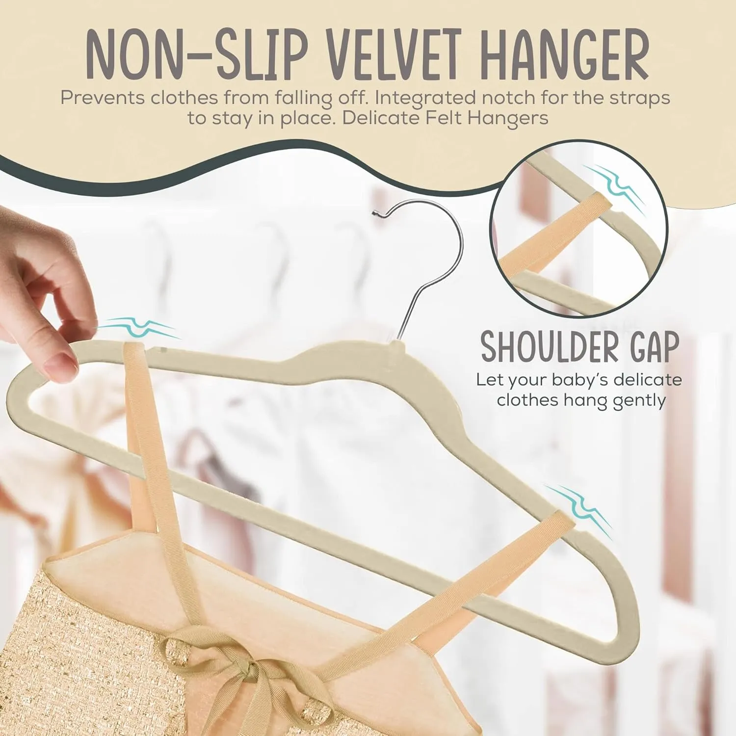 50 Premium Kids Velvet Hangers - 14" Non-Slip Clothes Hangers for Kids & Preteens - Ultra Slim, Space-Saving, Strong & Durable Hangers with 360° Swivel Hook - Ivory