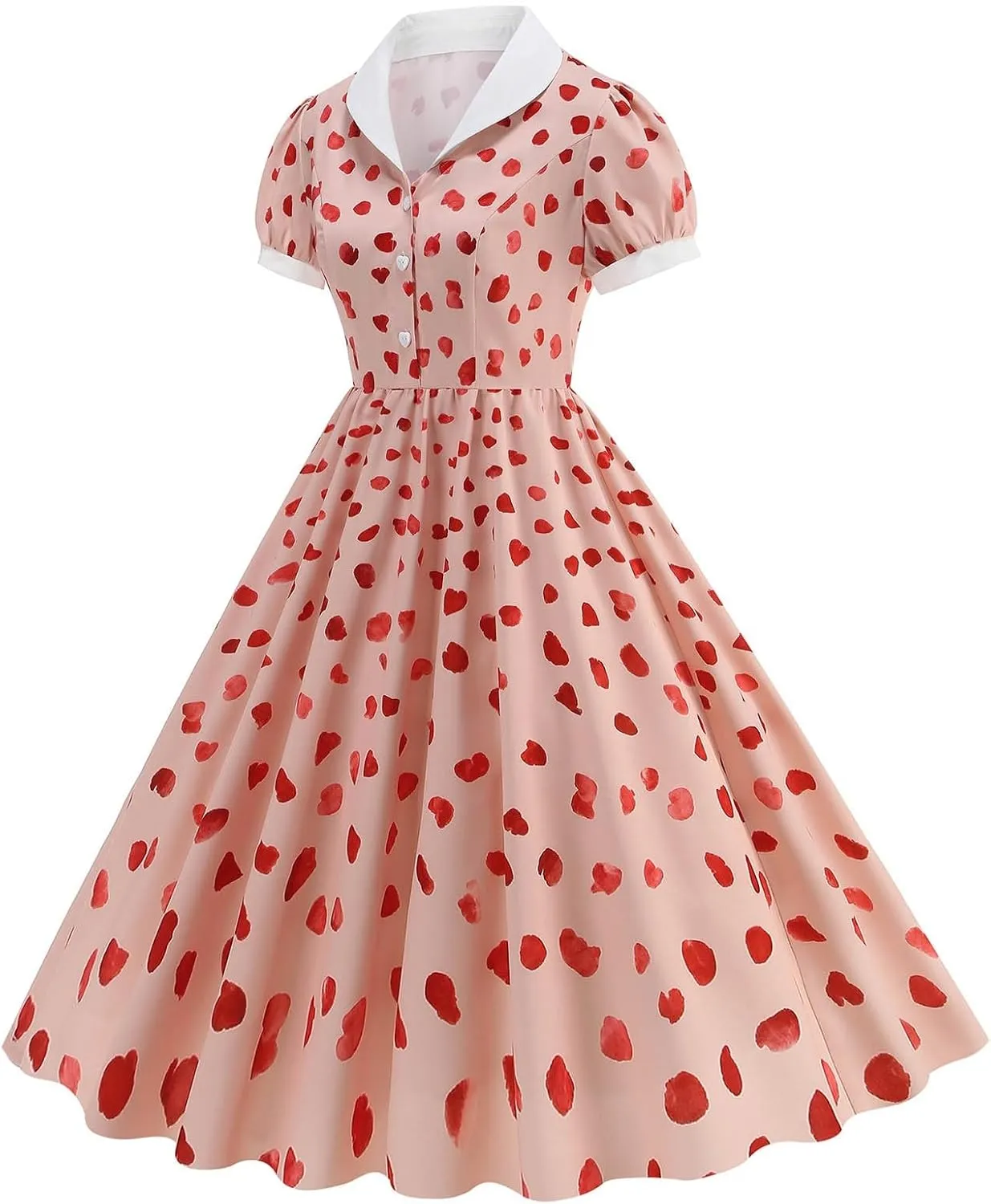 50s Hepburn Dresses for Women Vintage Print Short Puff Sleeve Lapel Button Swing Cocktail Party Homecoming Prom Dress