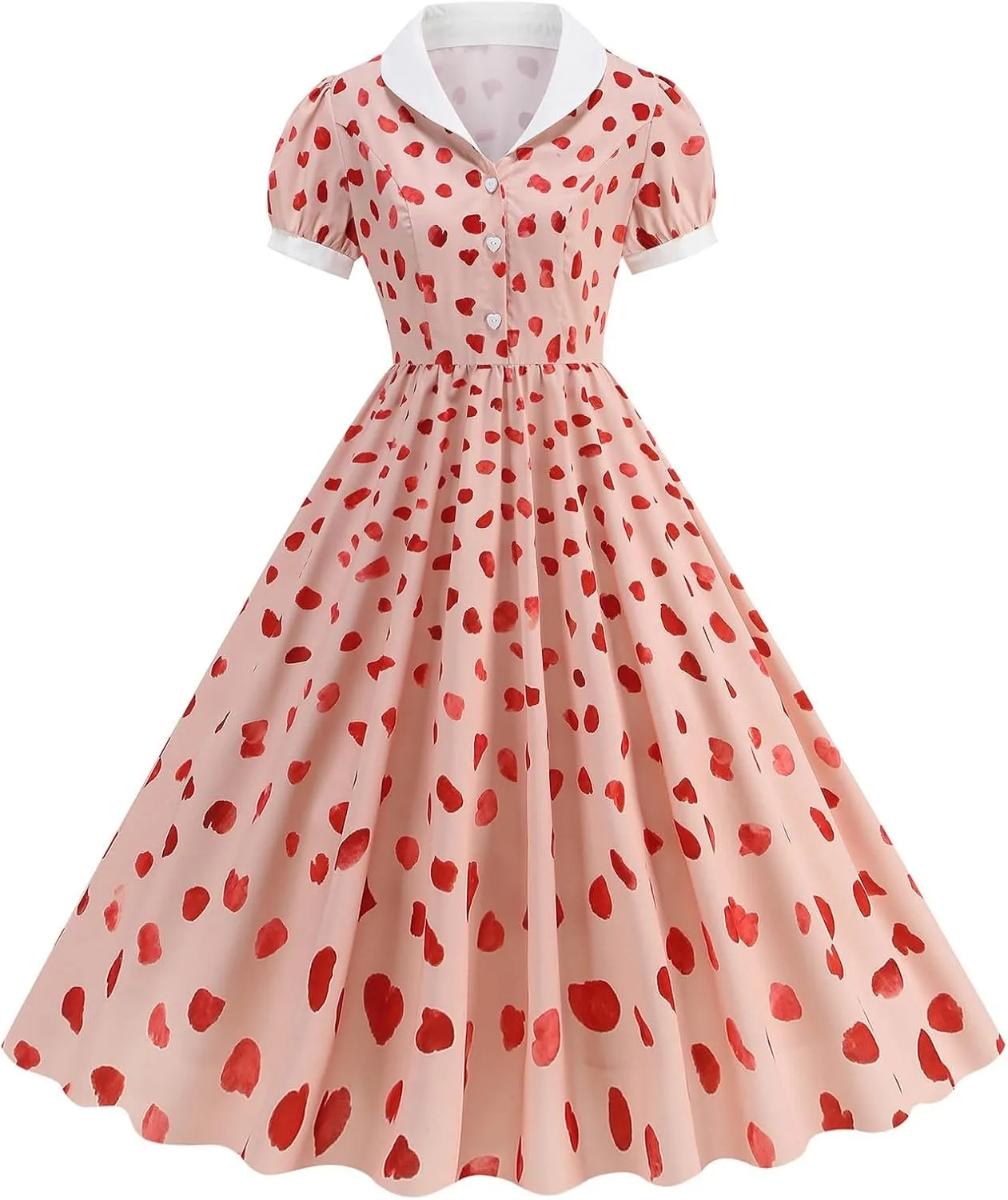 50s Hepburn Dresses for Women Vintage Print Short Puff Sleeve Lapel Button Swing Cocktail Party Homecoming Prom Dress