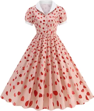50s Hepburn Dresses for Women Vintage Print Short Puff Sleeve Lapel Button Swing Cocktail Party Homecoming Prom Dress