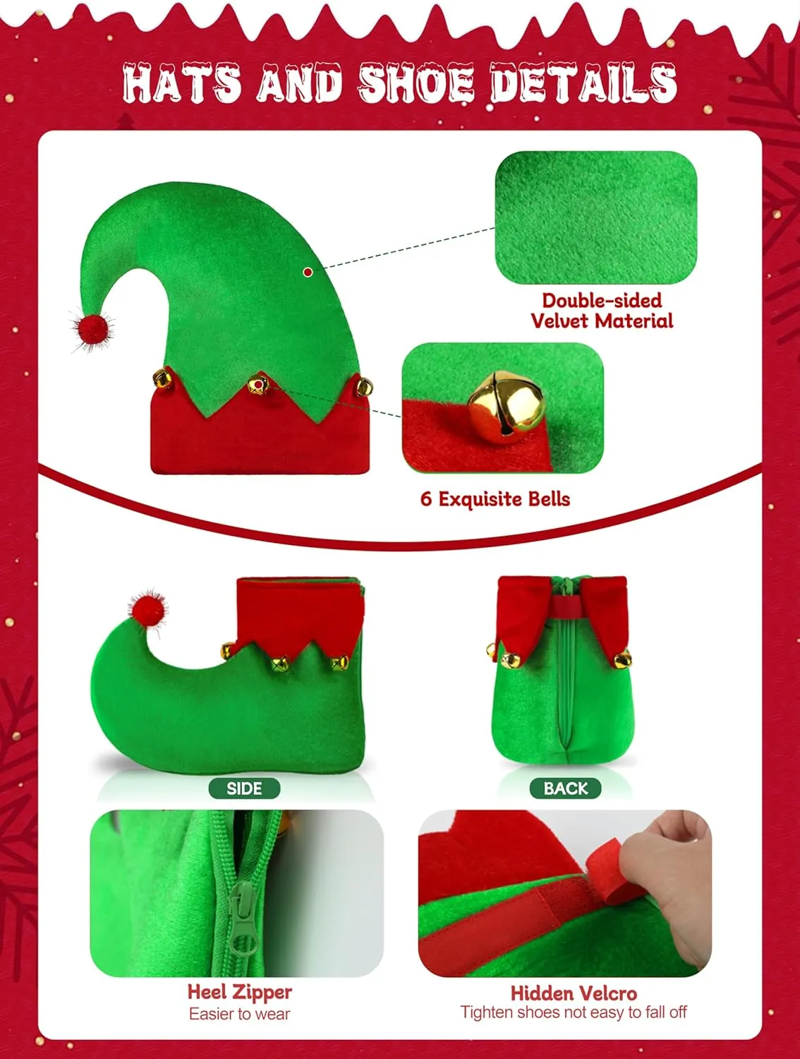 6 Pack Christmas Kids Elf Costume, Boys Christmas Elf Costume Velvet Cosplay Santa's Helper Costume Xmas Outfit