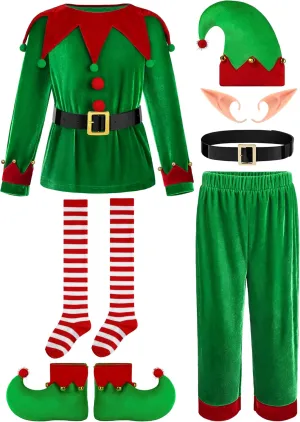 6 Pack Christmas Kids Elf Costume, Boys Christmas Elf Costume Velvet Cosplay Santa's Helper Costume Xmas Outfit
