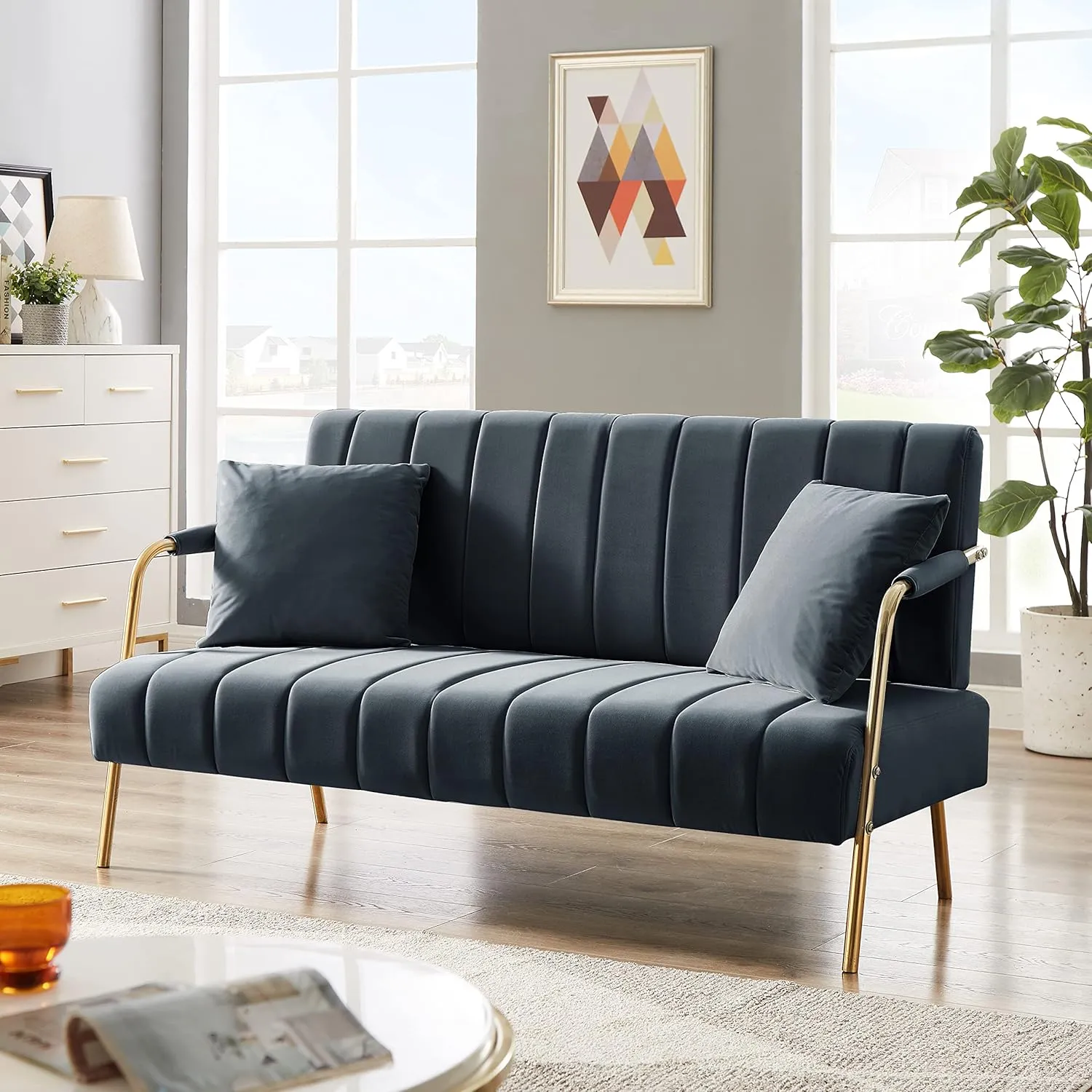 61" Modern Velvet Loveseat Sofa,Upholstery Love Seat Couches with Tufted Backrest,Golden Metal Legs,Accent Sofa for Living Room Bedroom Apartment Office (Drak Grey)