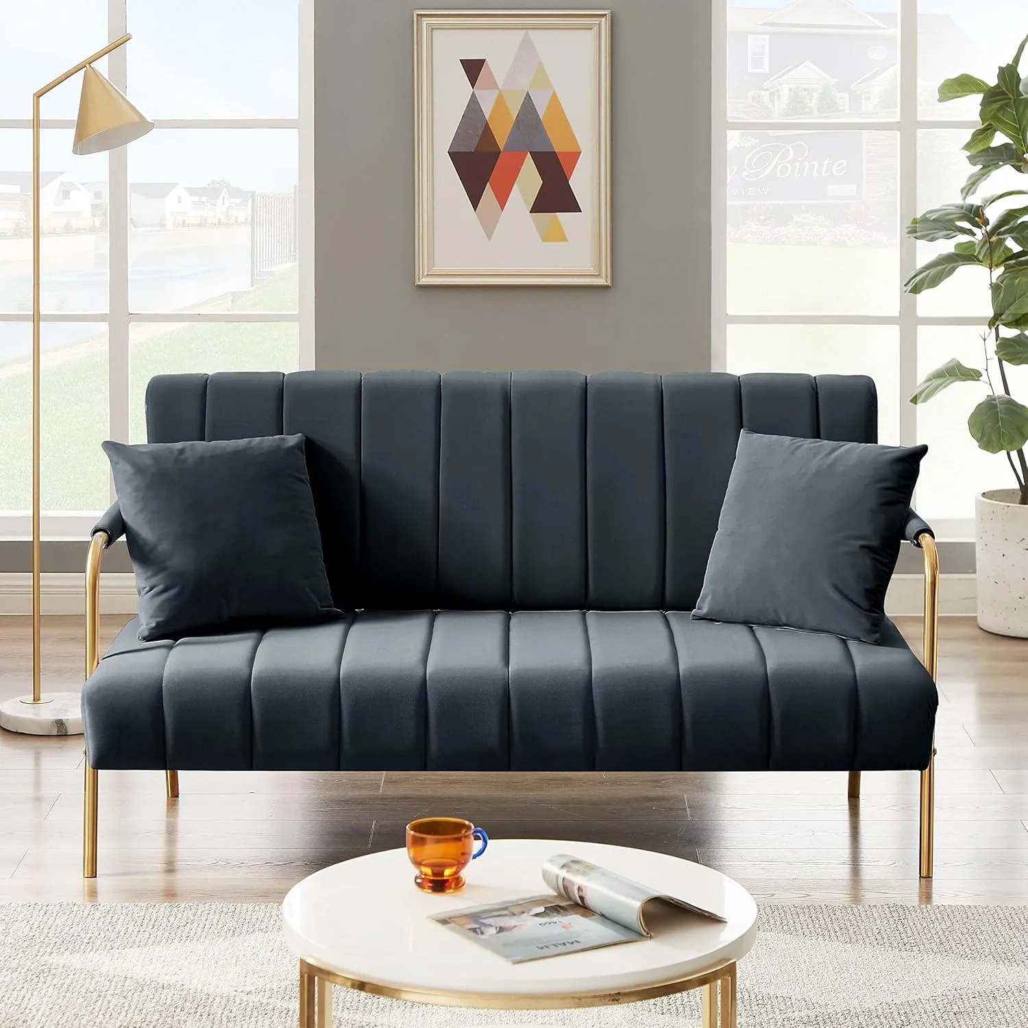61" Modern Velvet Loveseat Sofa,Upholstery Love Seat Couches with Tufted Backrest,Golden Metal Legs,Accent Sofa for Living Room Bedroom Apartment Office (Drak Grey)
