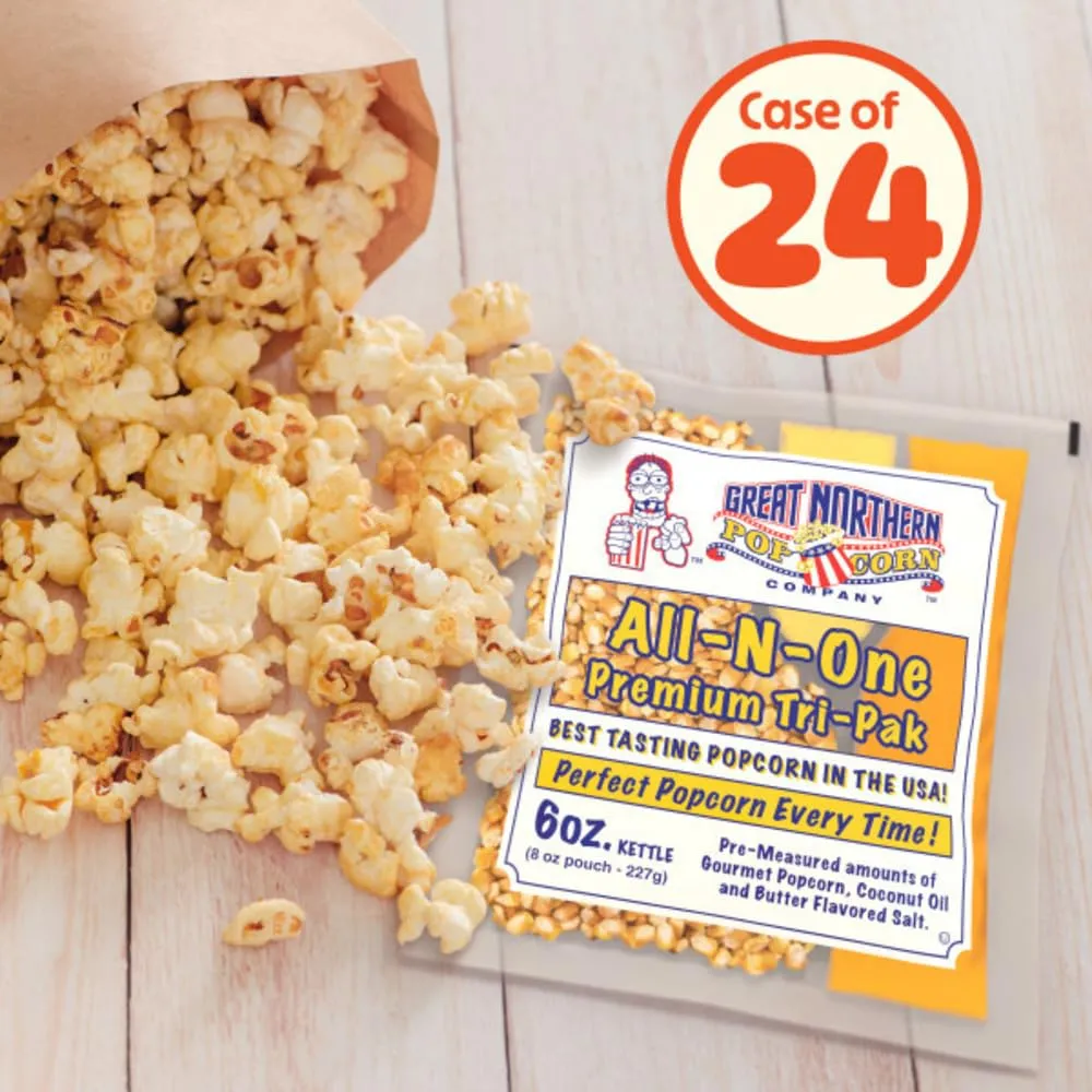 6oz Popcorn Machine Popcorn Packets - All-in-One Movie Theater Style Popcorn Kernels, Salt, and Oil Packs by Great Northern Popcorn, 6 Ounce (Pack of 24)