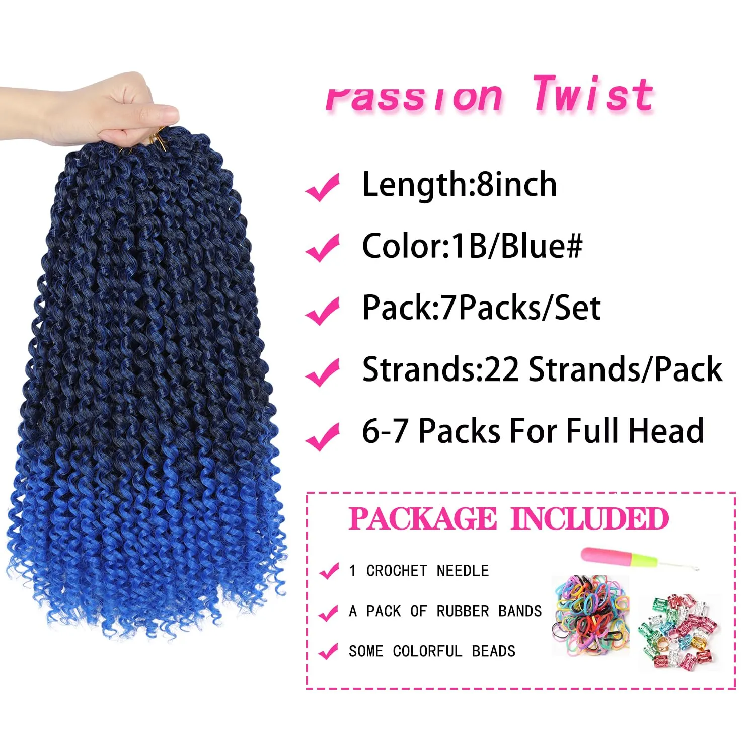 8 Inch Ombre Blue Passion Twist Hair, Water Wave Crochet Hair For Women Passion Twist Crochet Hair 22 Strands/Pack Bohemian Synthetic Curly Braiding Hair Extensions (8 Inch (Pack of 7),1B/Blue)