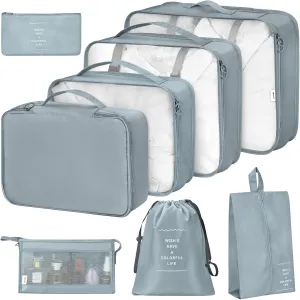 8 Set Packing Cubes for Suitcases,Packing Cubes with Shoe Cosmetics Clothing Bag Accessories Bags for Travel Luggage Organizer Women Men(Blue-Grey)