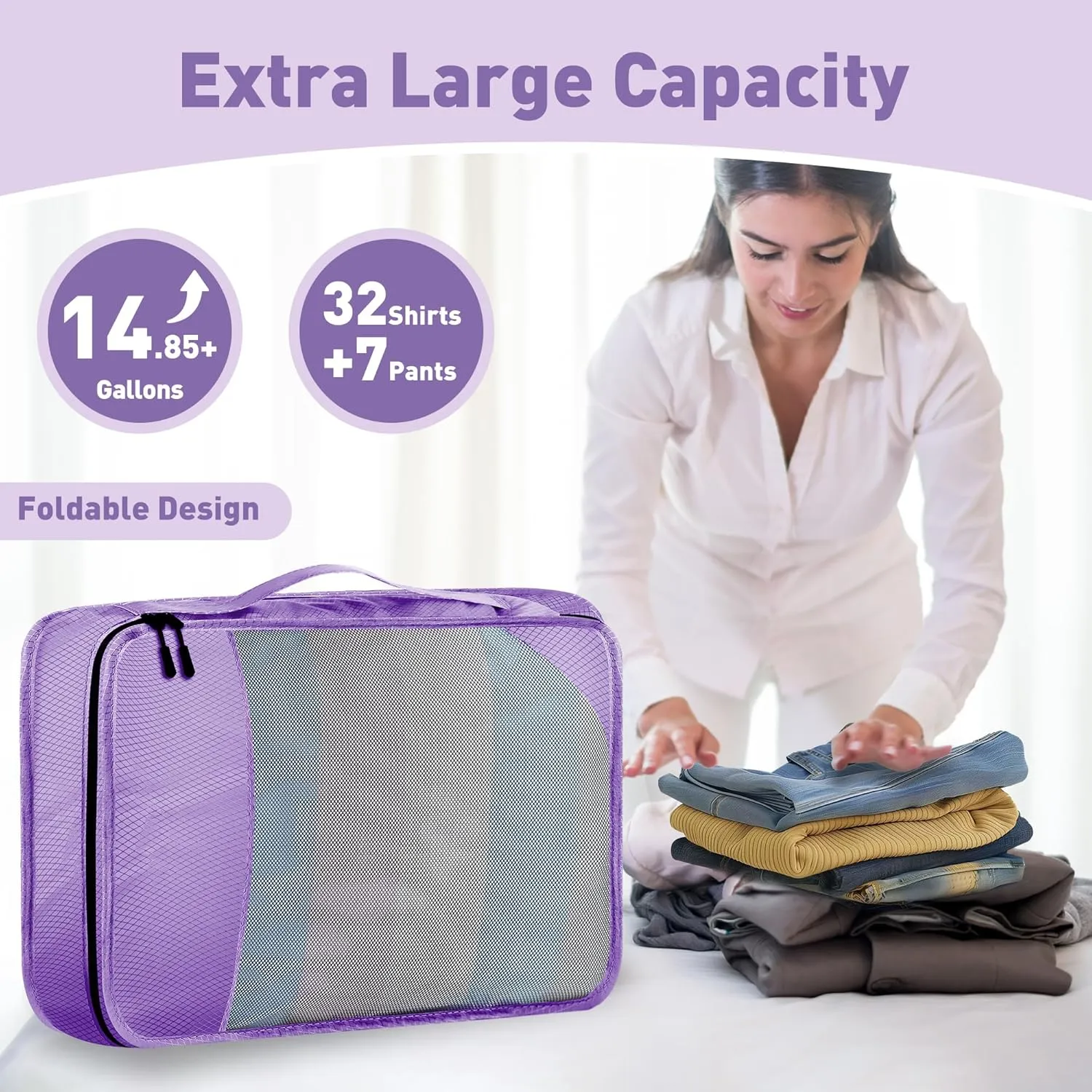 8 Set Packing Cubes for Travel Women Men Kids, Mesh Suitcase Organizer Bags Set for Luggage, 4 Sizes Extra Large, Large, Medium, Small, Travel Camping Essentials Accessories, Purple