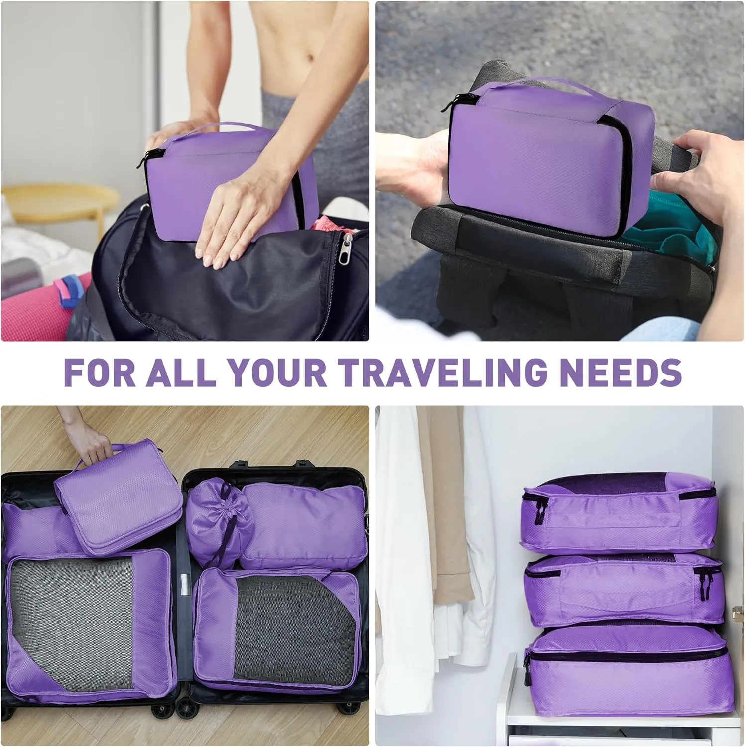 8 Set Packing Cubes for Travel Women Men Kids, Mesh Suitcase Organizer Bags Set for Luggage, 4 Sizes Extra Large, Large, Medium, Small, Travel Camping Essentials Accessories, Purple
