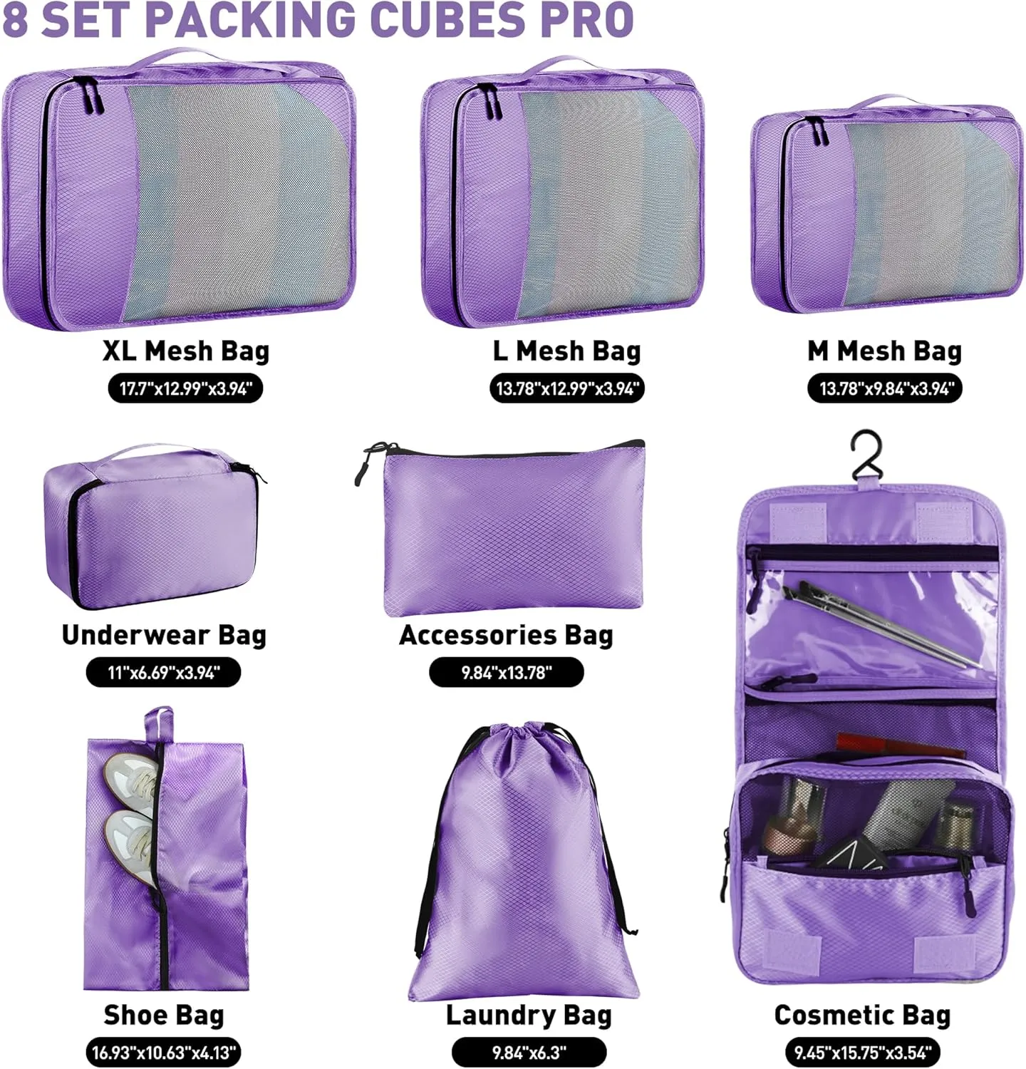 8 Set Packing Cubes for Travel Women Men Kids, Mesh Suitcase Organizer Bags Set for Luggage, 4 Sizes Extra Large, Large, Medium, Small, Travel Camping Essentials Accessories, Purple