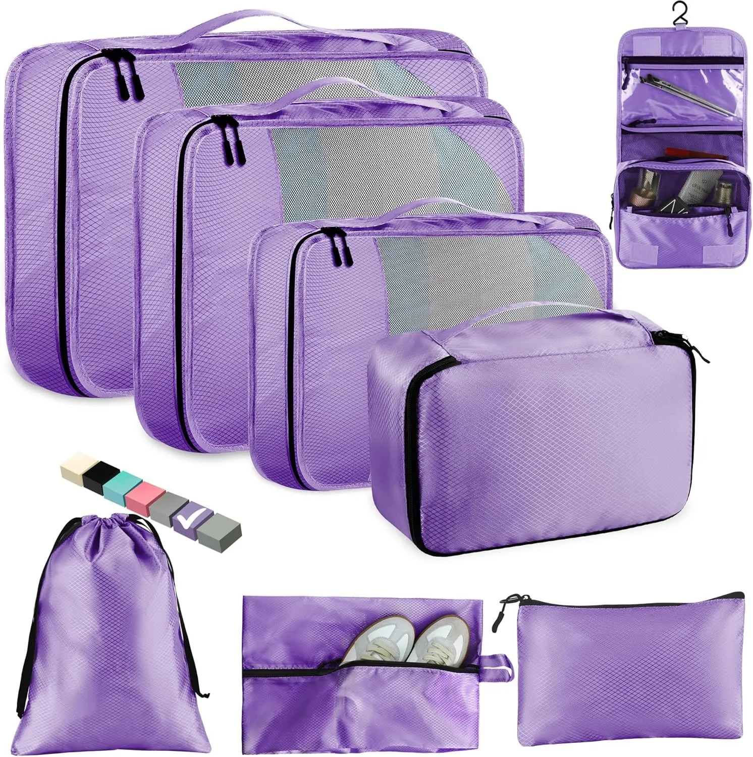 8 Set Packing Cubes for Travel Women Men Kids, Mesh Suitcase Organizer Bags Set for Luggage, 4 Sizes Extra Large, Large, Medium, Small, Travel Camping Essentials Accessories, Purple