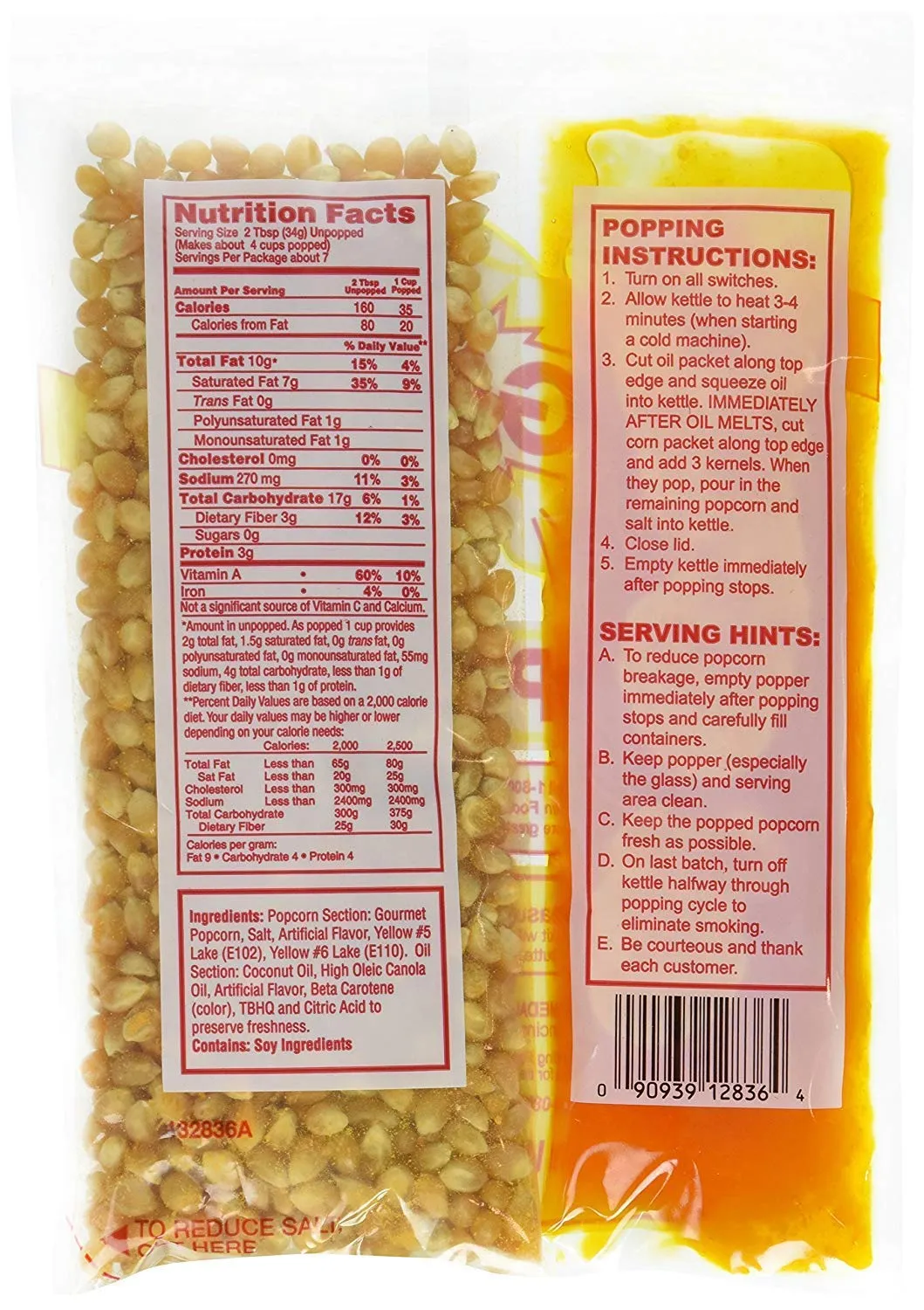 8oz Popcorn Portion Packs- Case of 36 Packs