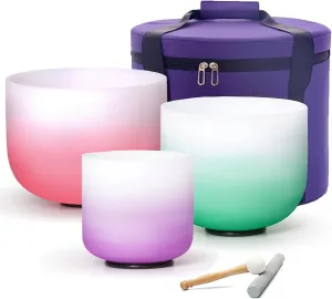8"B 10"F 12"C Set of 3 Red Green Purple Light Color Singing Bowls Frosted Chakra Quartz Sound Healing Crystal with Travel Carry Case Bag Mallet Suede Striker O-ring