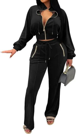 Adogirl Women 2 Piece Outfits Velour Sweatsuit Jogging Suit Full Zipper Sweatshirt   Wide Leg Sweatpants Tracksuit Lounge Set