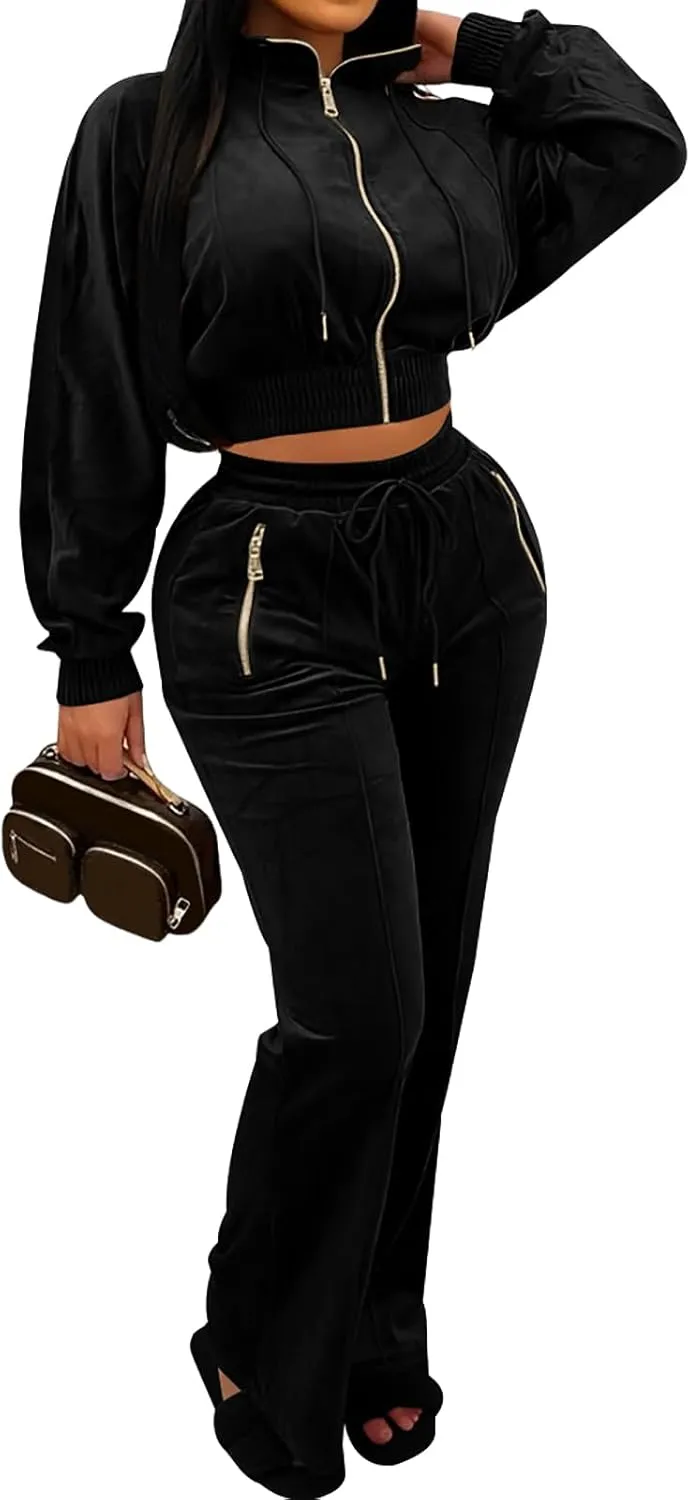 Adogirl Women 2 Piece Outfits Velour Sweatsuit Jogging Suit Full Zipper Sweatshirt   Wide Leg Sweatpants Tracksuit Lounge Set