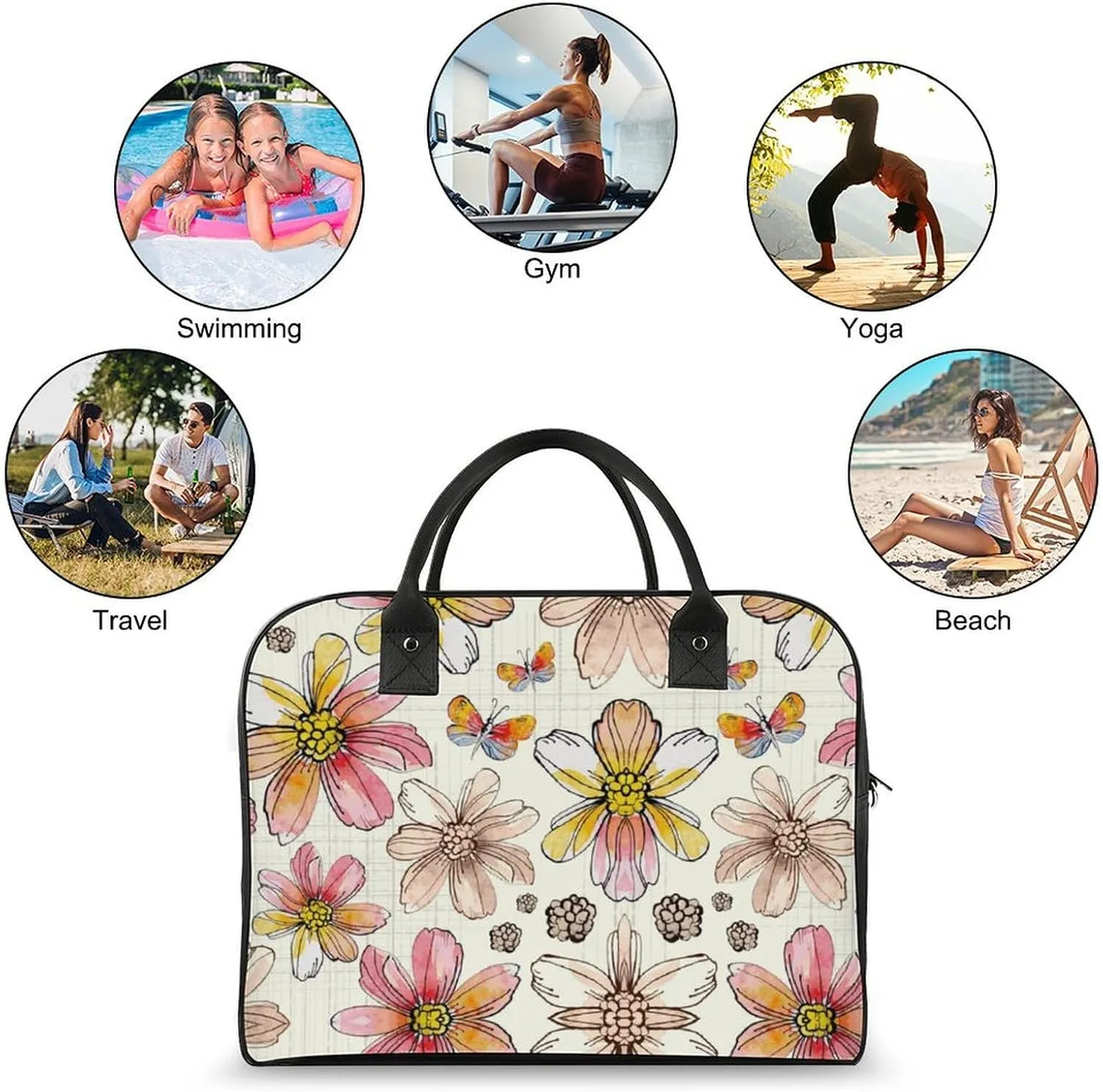 Adult High-capacity Nylon Yellow Florals Trendy Handbag for Traveling 13" X 19" X 8"