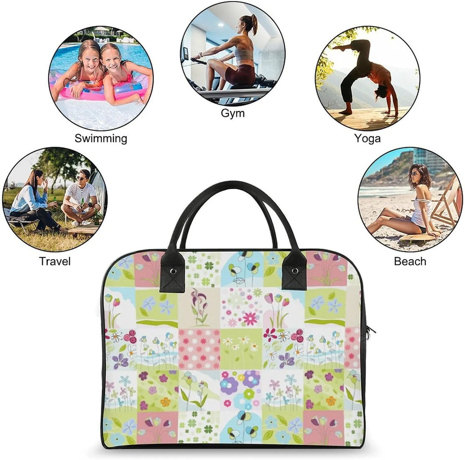 Adults Shoulder Nylon White Florals Fashion Handbag for Traveling 13" X 19" X 8"