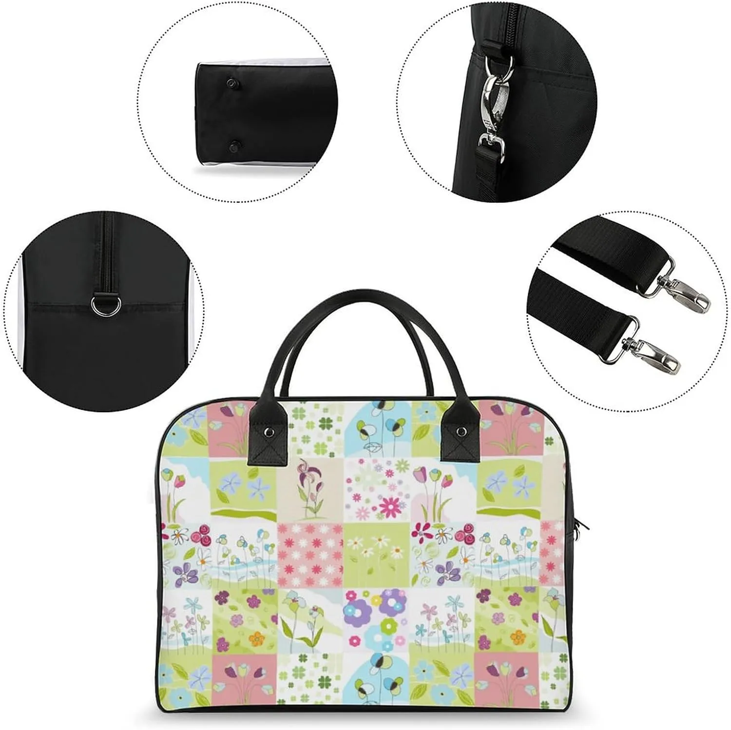 Adults Shoulder Nylon White Florals Fashion Handbag for Traveling 13" X 19" X 8"