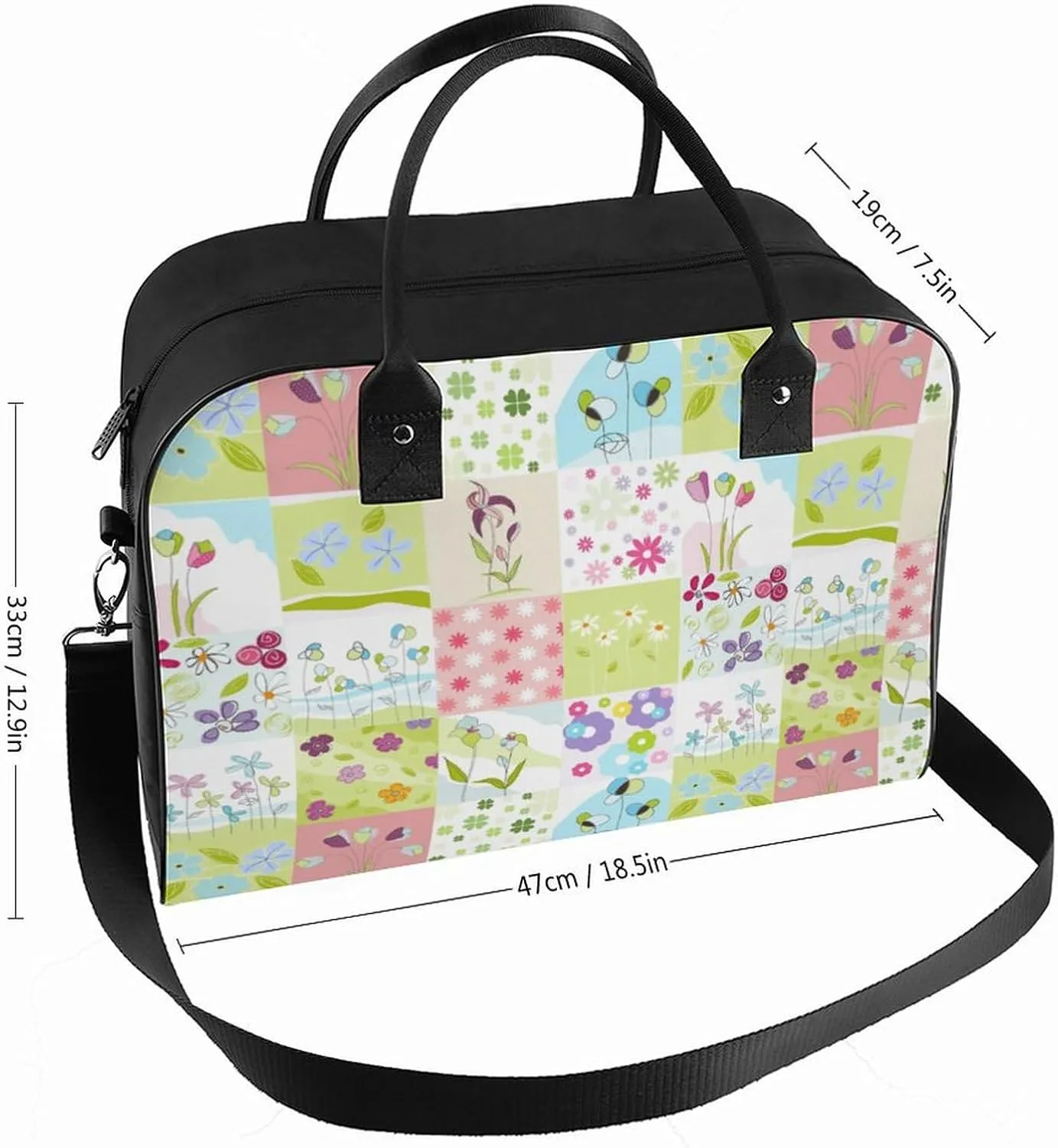 Adults Shoulder Nylon White Florals Fashion Handbag for Traveling 13" X 19" X 8"