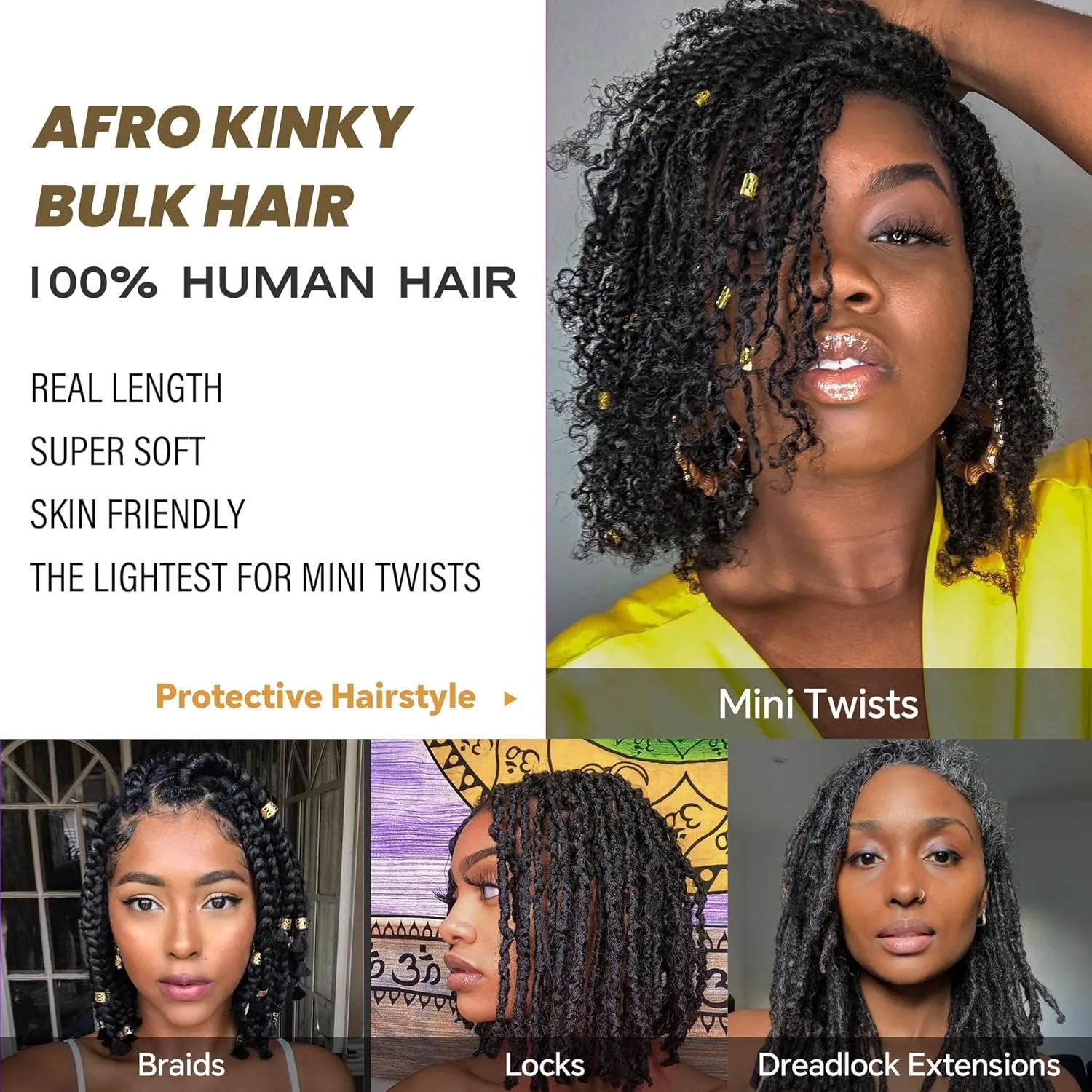 Afro Kinkys Bulk Human Hair -100% Real Human Hair for Mini Twist, Braiding, Loc Extensions & Crochet, Kinky Curly Hair Bundles, Natural Afro Bulk for Dreadlocks(1B, 12Inch) (1B, 18 Inch(Pack of 1))