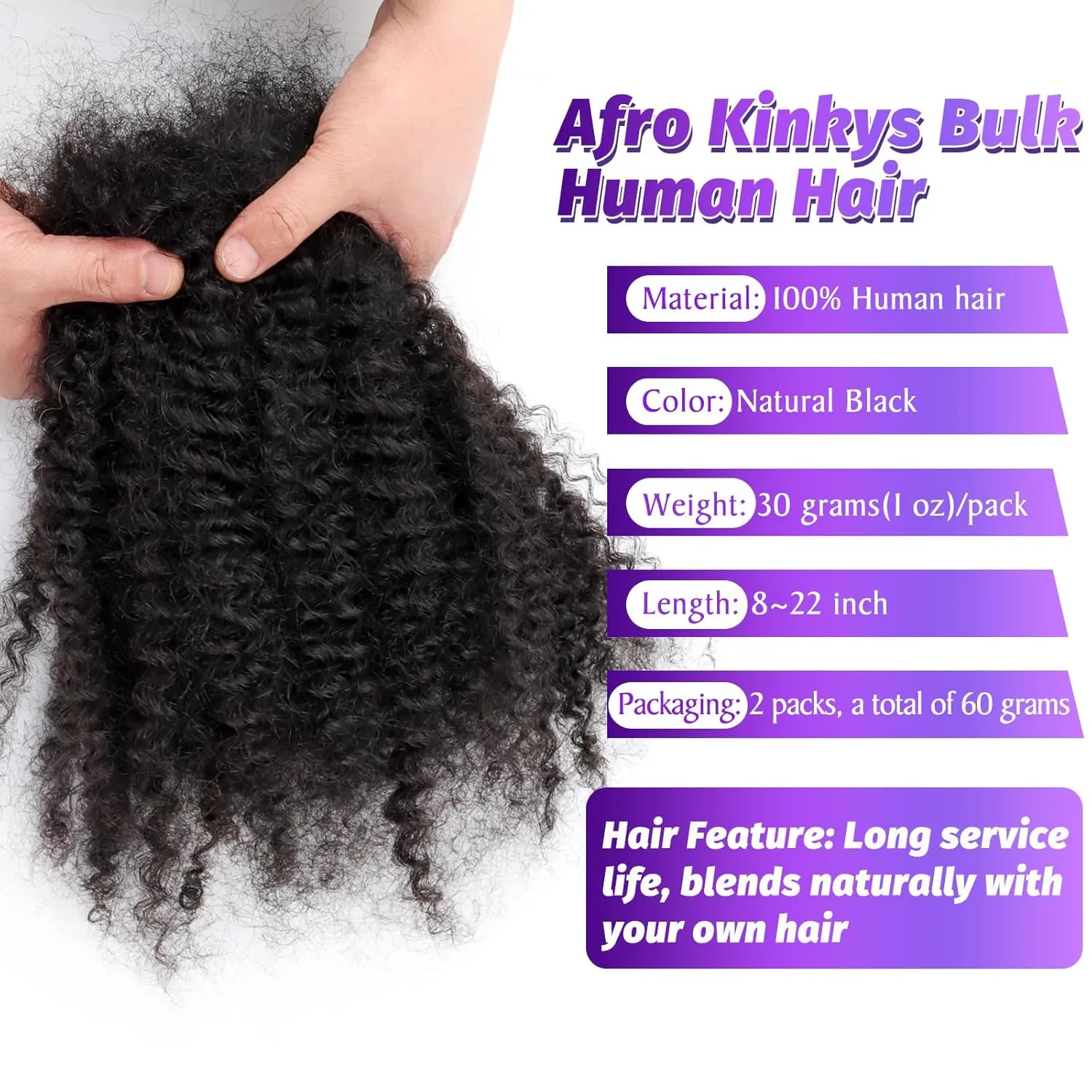 Afro Kinkys Bulk Human Hair 18 Inch 2 Packs 60g Afro Kinkys Curly Bulk Hair for Making Micro Locs, Twists, Braids, Dreadlocks Extensions, Locs Repair