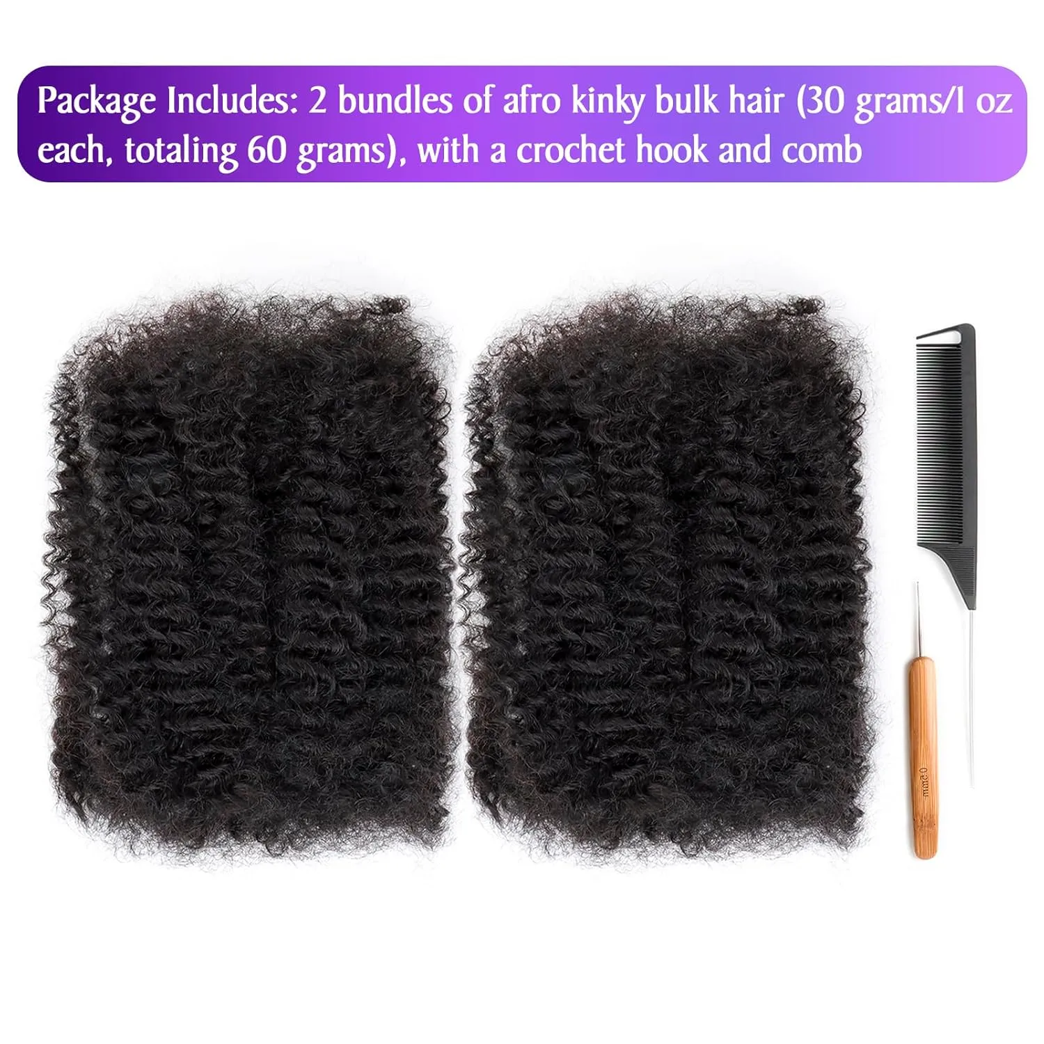 Afro Kinkys Bulk Human Hair 18 Inch 2 Packs 60g Afro Kinkys Curly Bulk Hair for Making Micro Locs, Twists, Braids, Dreadlocks Extensions, Locs Repair