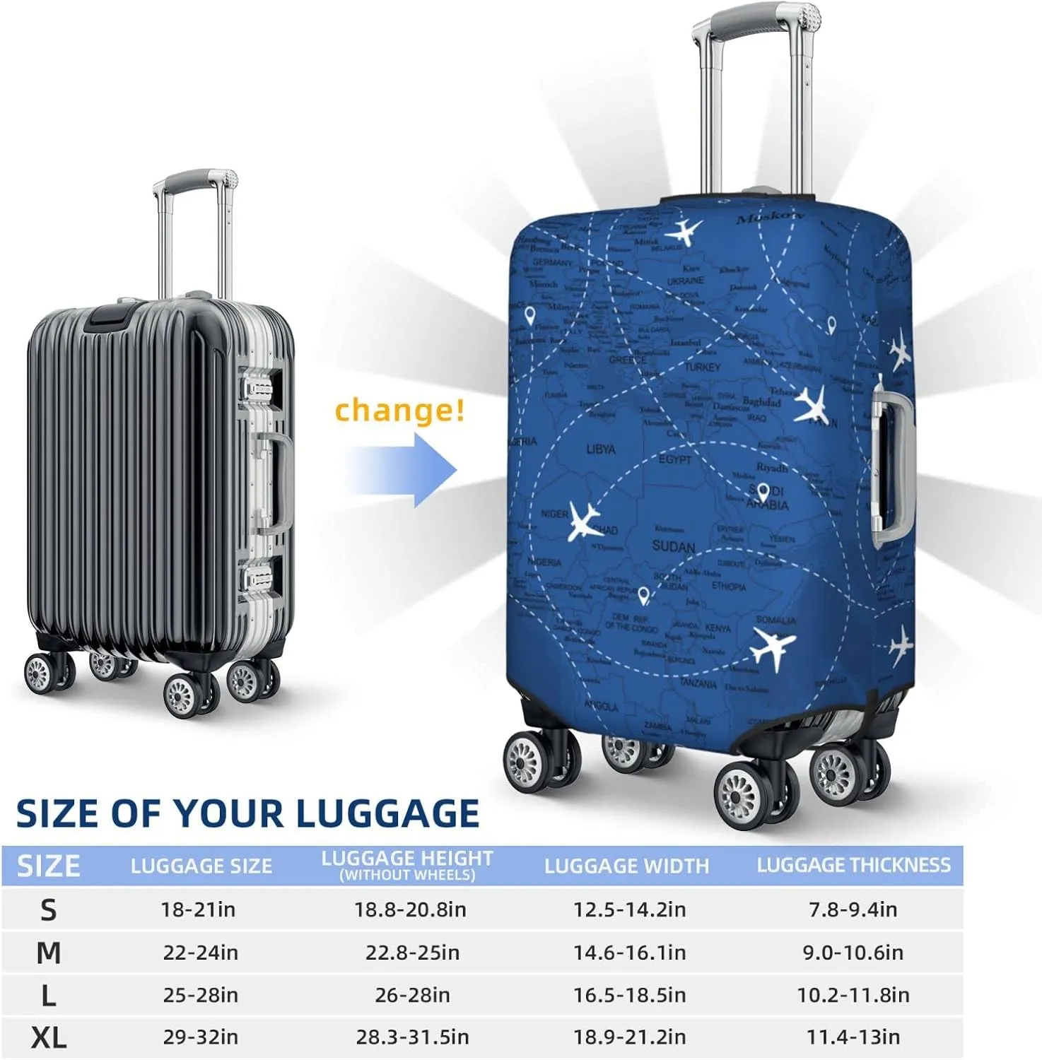 Airplane Suitcase Covers Blue Aircraft World Map Plane Line Luggage Cover Protector with Zipper, Washable Elastic Luggage Sleeves or Covers Travel Accessories for Suitcase 25-28 Inch