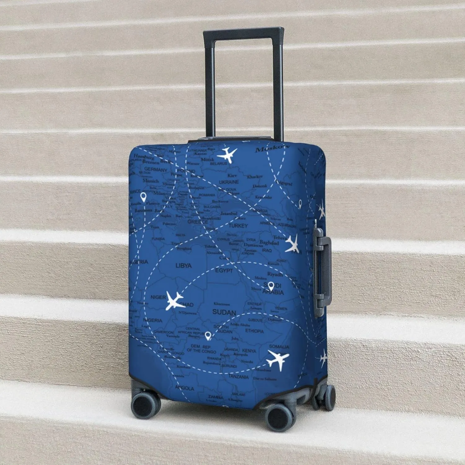 Airplane Suitcase Covers Blue Aircraft World Map Plane Line Luggage Cover Protector with Zipper, Washable Elastic Luggage Sleeves or Covers Travel Accessories for Suitcase 25-28 Inch
