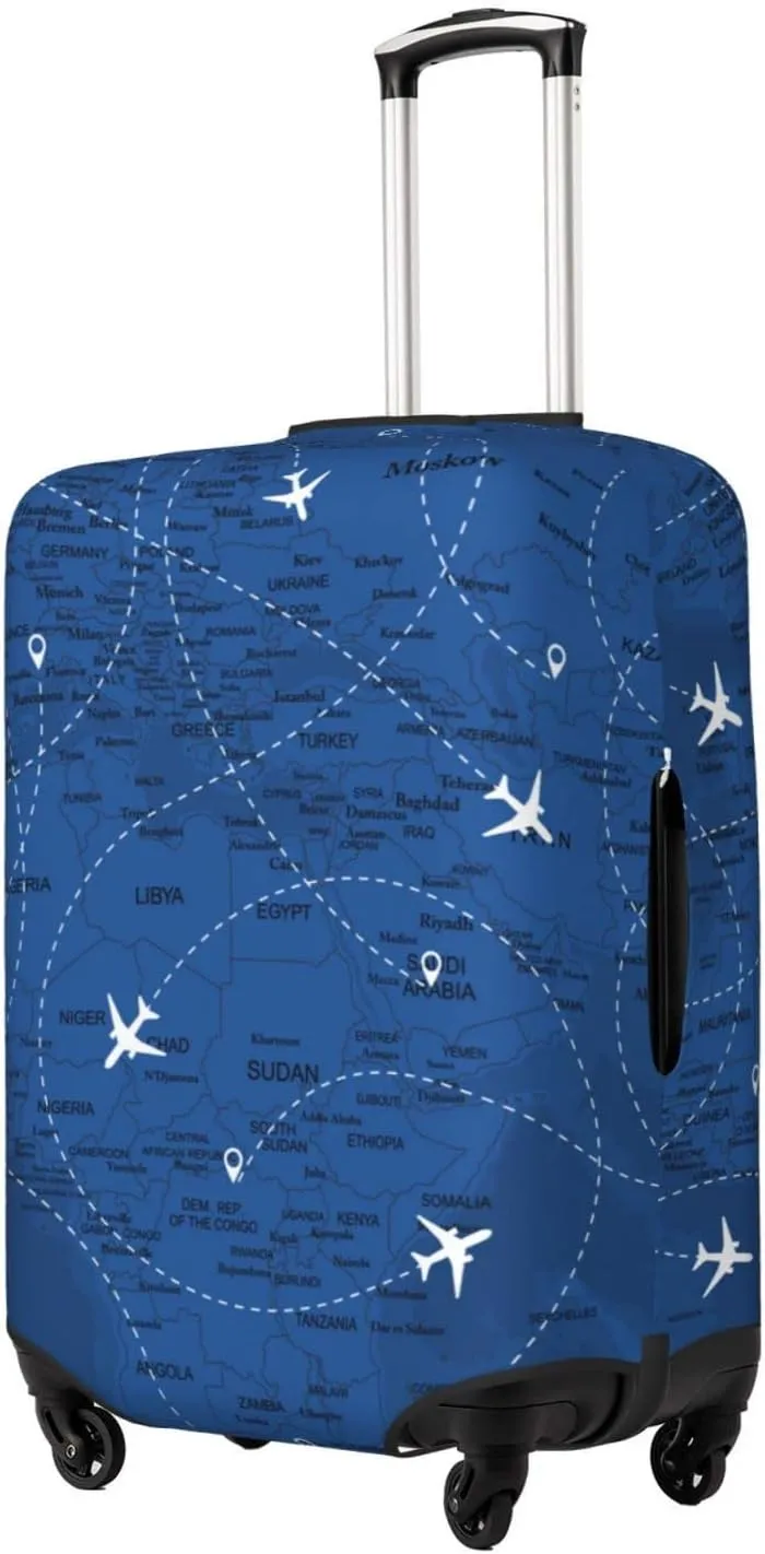 Airplane Suitcase Covers Blue Aircraft World Map Plane Line Luggage Cover Protector with Zipper, Washable Elastic Luggage Sleeves or Covers Travel Accessories for Suitcase 25-28 Inch
