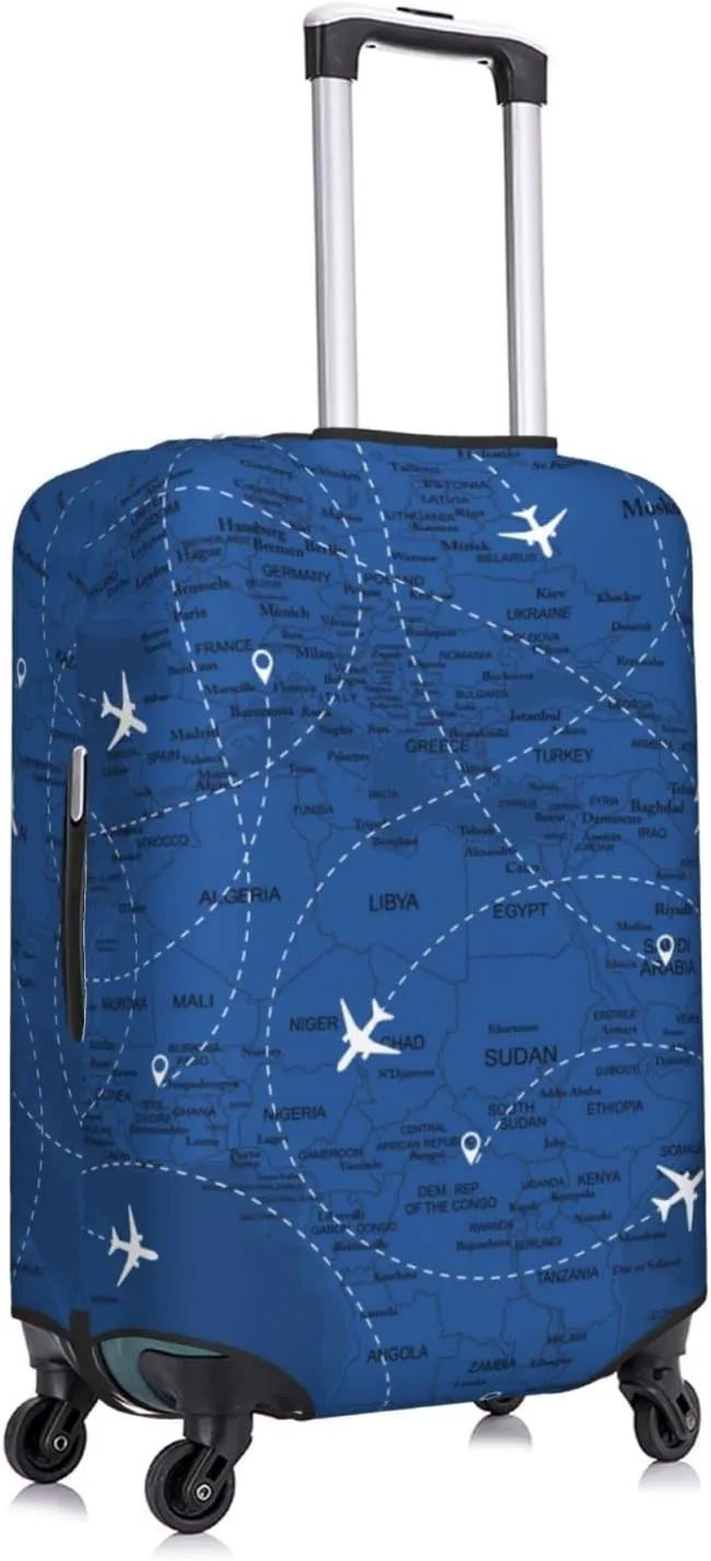Airplane Suitcase Covers Blue Aircraft World Map Plane Line Luggage Cover Protector with Zipper, Washable Elastic Luggage Sleeves or Covers Travel Accessories for Suitcase 25-28 Inch