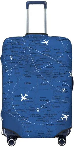 Airplane Suitcase Covers Blue Aircraft World Map Plane Line Luggage Cover Protector with Zipper, Washable Elastic Luggage Sleeves or Covers Travel Accessories for Suitcase 25-28 Inch