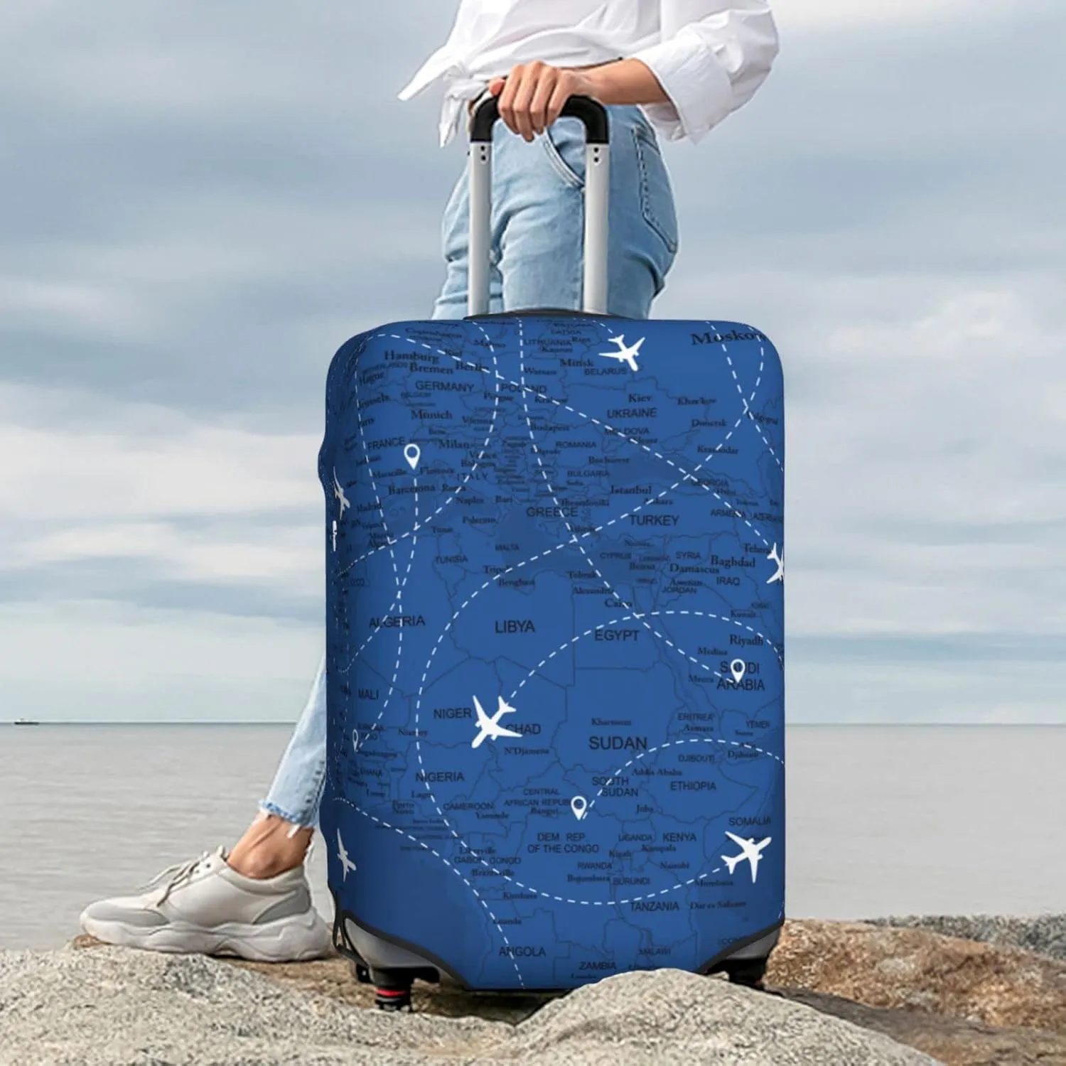 Airplane Suitcase Covers Blue Aircraft World Map Plane Line Luggage Cover Protector with Zipper, Washable Elastic Luggage Sleeves or Covers Travel Accessories for Suitcase 25-28 Inch