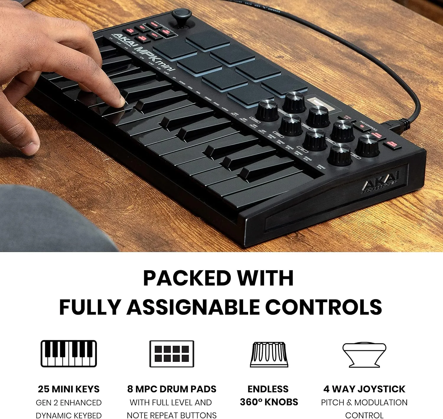 Akai Professional MPK Mini MK3 - 25 Key USB MIDI Keyboard Controller With 8 Backlit Drum Pads, 8 Knobs, Music Production Software and Native Instruments Sound Package (NKS Integration), Black