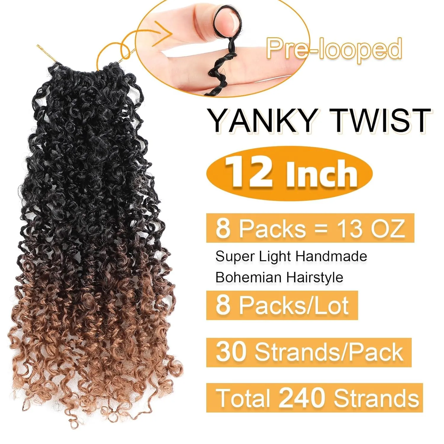 Aksice 12 Inch 8 Packs Yanky Twist Crochet Hair for Women Pre-looped Mini Twist Hair Bohemian Passion Twist Crochet Hair Boho Crochet Braids Synthetic (1B430)