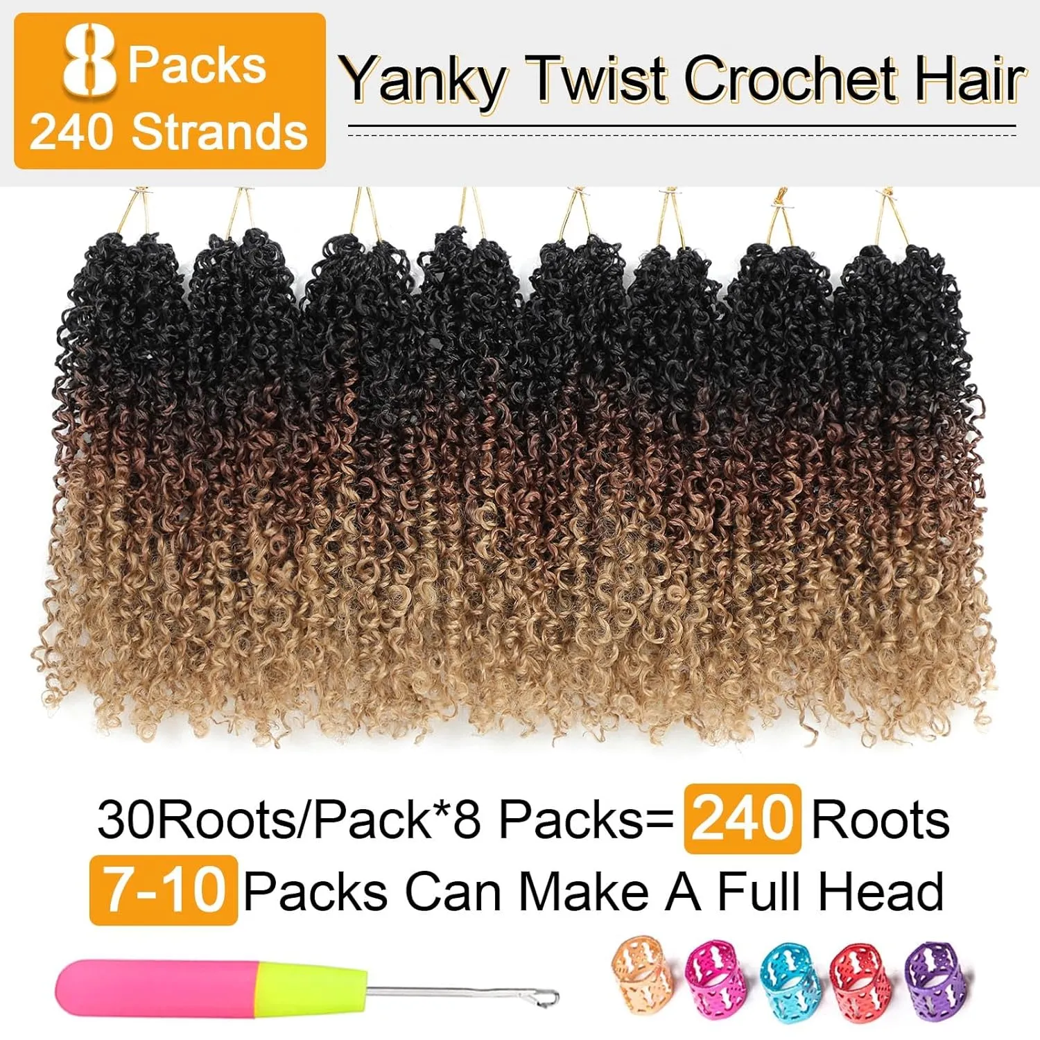 Aksice 8 Inch 8 Packs Yanky Twist Crochet Hair for Women Pre-looped Mini Twist Hair Bohemian Passion Twist Crochet Hair Boho Crochet Braids Synthetic (1B/30/27)