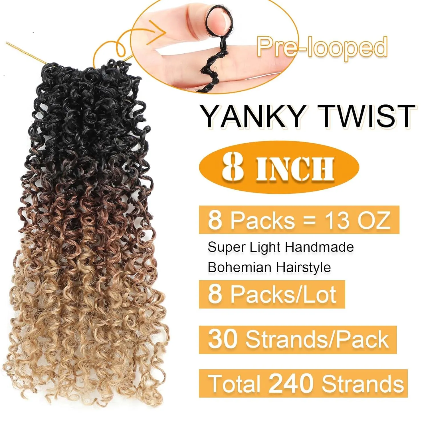 Aksice 8 Inch 8 Packs Yanky Twist Crochet Hair for Women Pre-looped Mini Twist Hair Bohemian Passion Twist Crochet Hair Boho Crochet Braids Synthetic (1B/30/27)