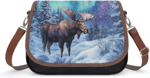 Alaskan Moose with Aurora Borealis Snow Funny Women's Crossbody Bags Novelty Leather Purse Handbag Shoulder Bag