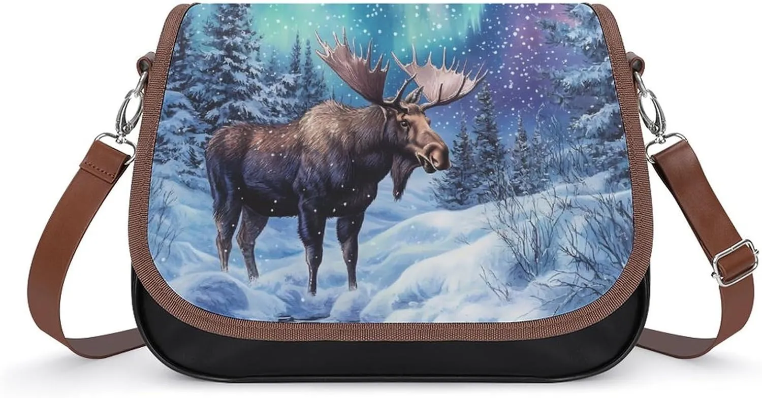 Alaskan Moose with Aurora Borealis Snow Funny Women's Crossbody Bags Novelty Leather Purse Handbag Shoulder Bag