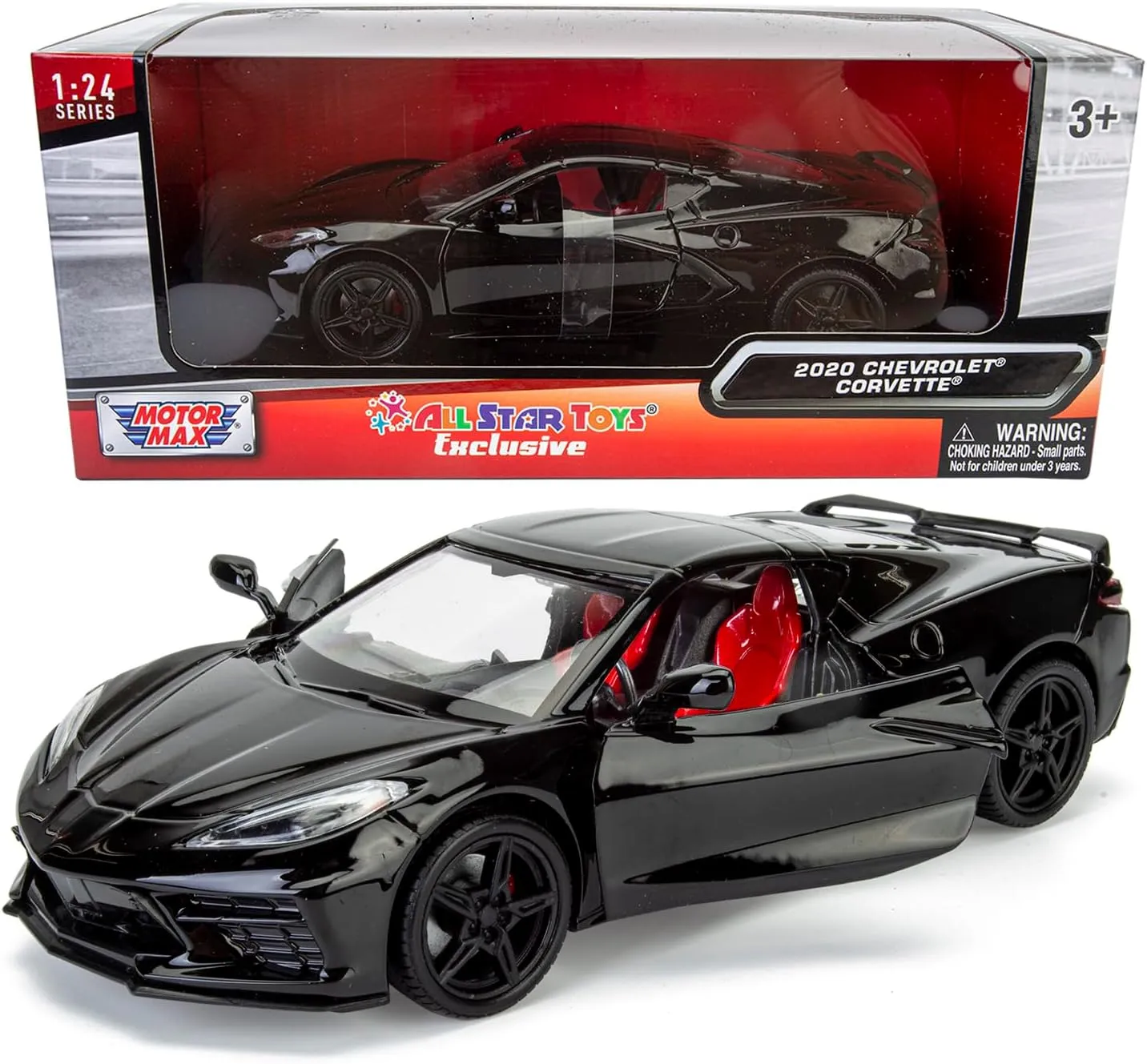 All Star Toys Exclusive 2020 Corvette C8 Stingray Black with Red Interior 1/24 Diecast Model Motormax 79360