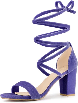 Allegra K Women's Faux Velvet Lace Up Chunky Heel Strappy Sandals